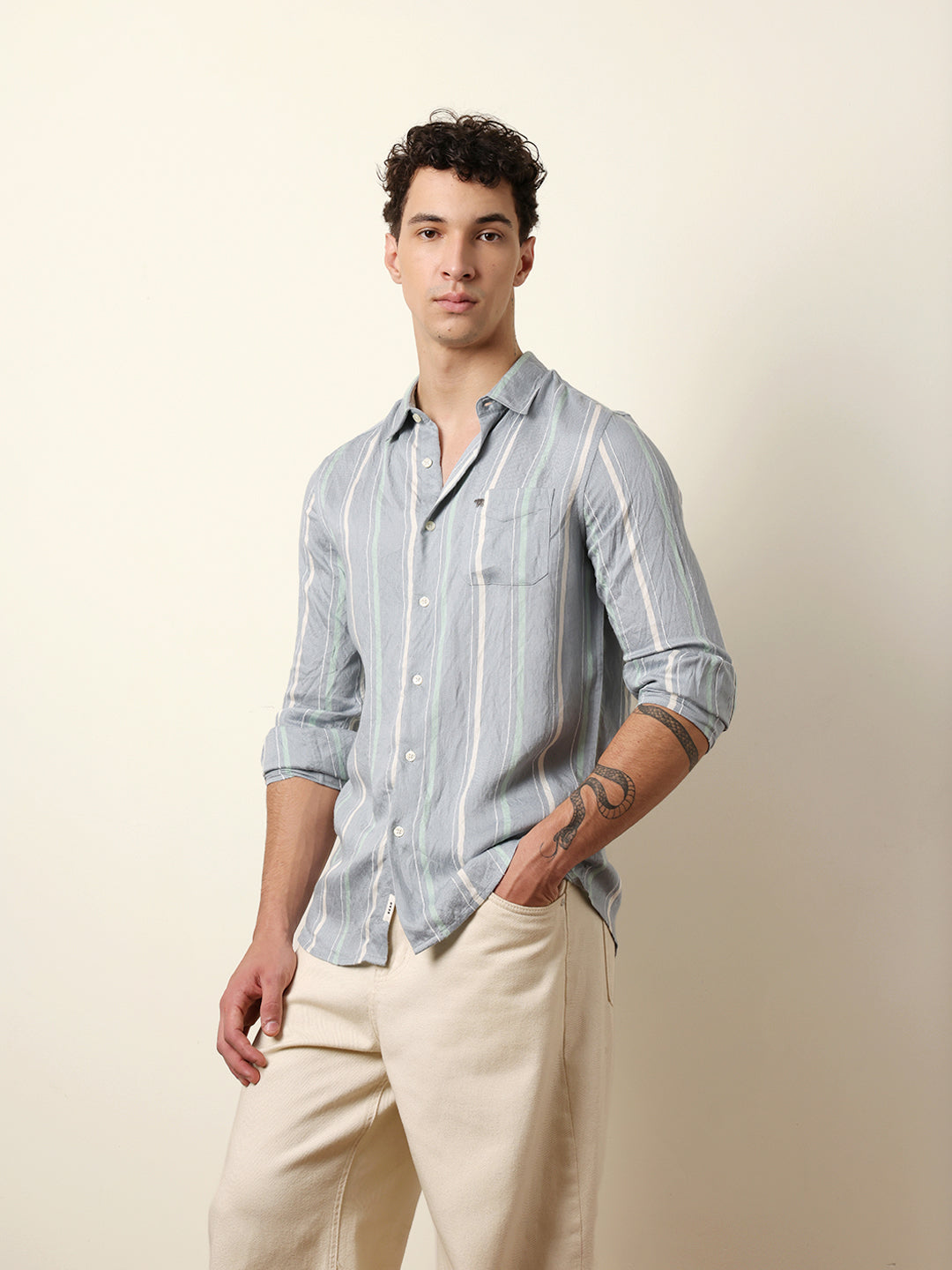 Grey Vertical Woven Stripe Slim Fit Casual Shirt