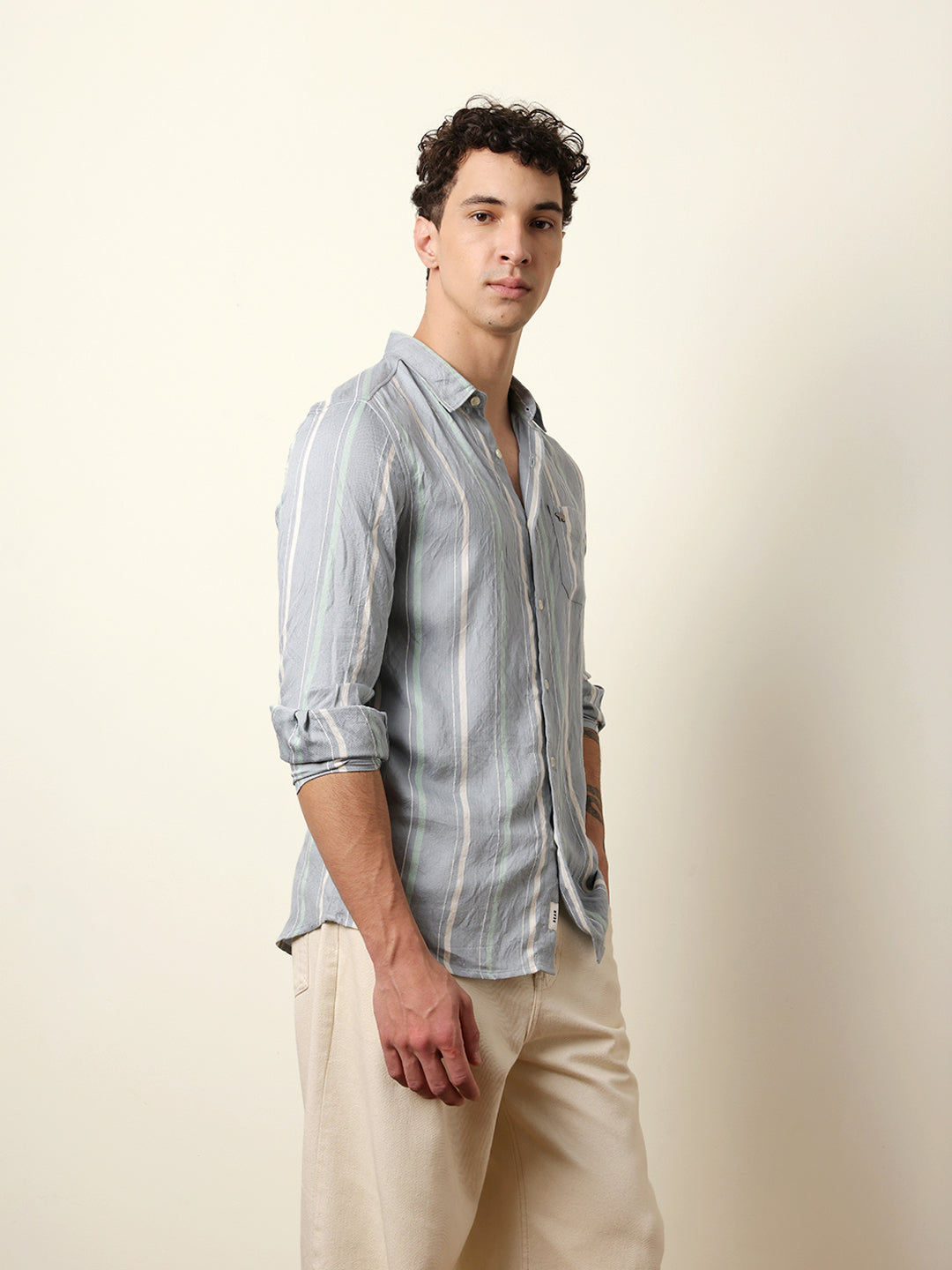 Grey Vertical Woven Stripe Slim Fit Casual Shirt