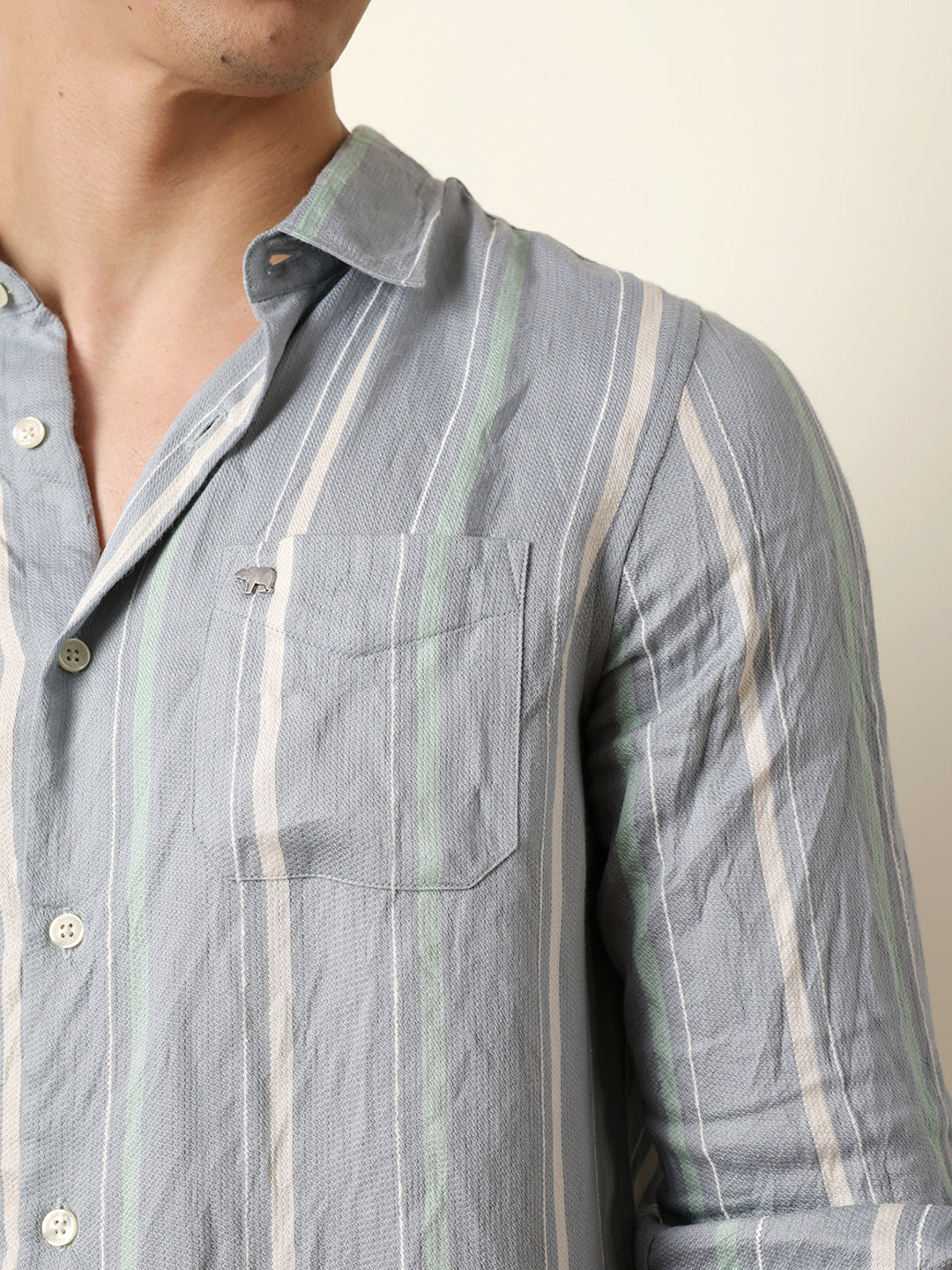 Grey Vertical Woven Stripe Slim Fit Casual Shirt