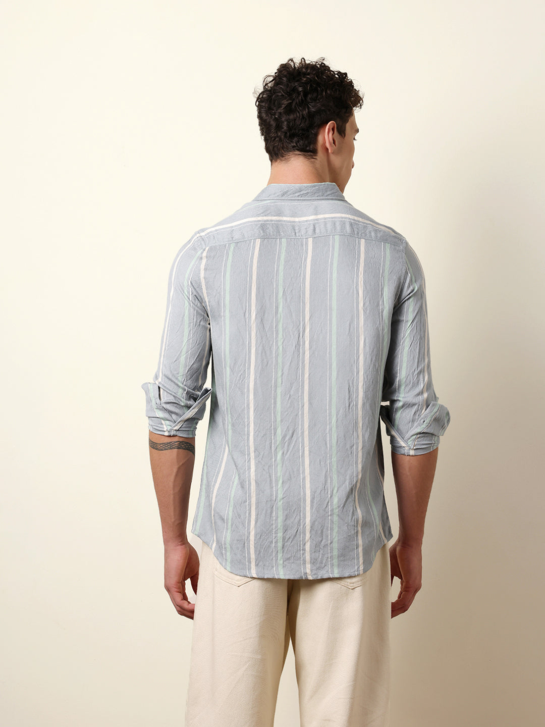 Grey Vertical Woven Stripe Slim Fit Casual Shirt
