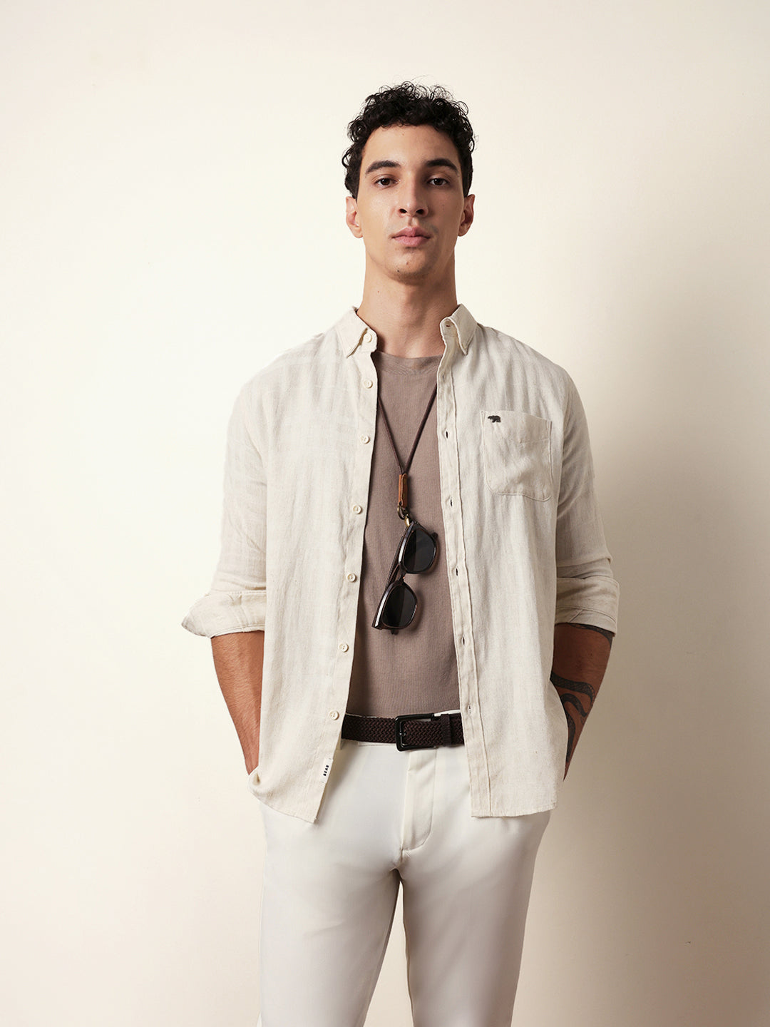 Cream Woven Checks Slim Fit Casual Shirt
