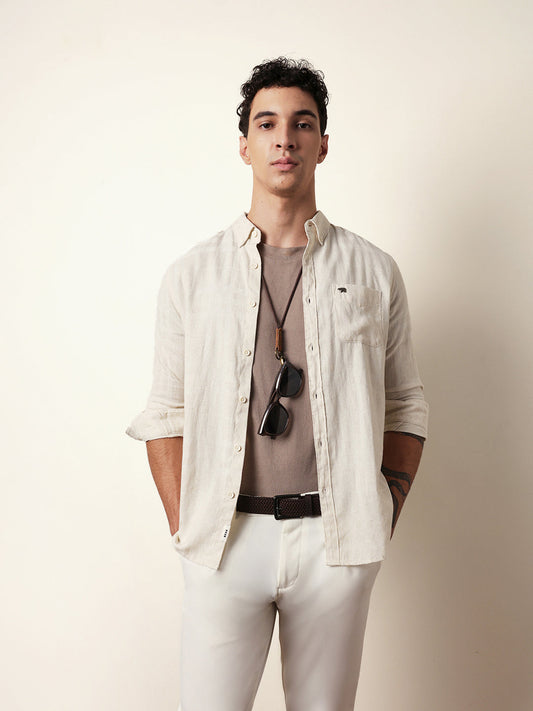 Cream Woven Checks Slim Fit Casual Shirt