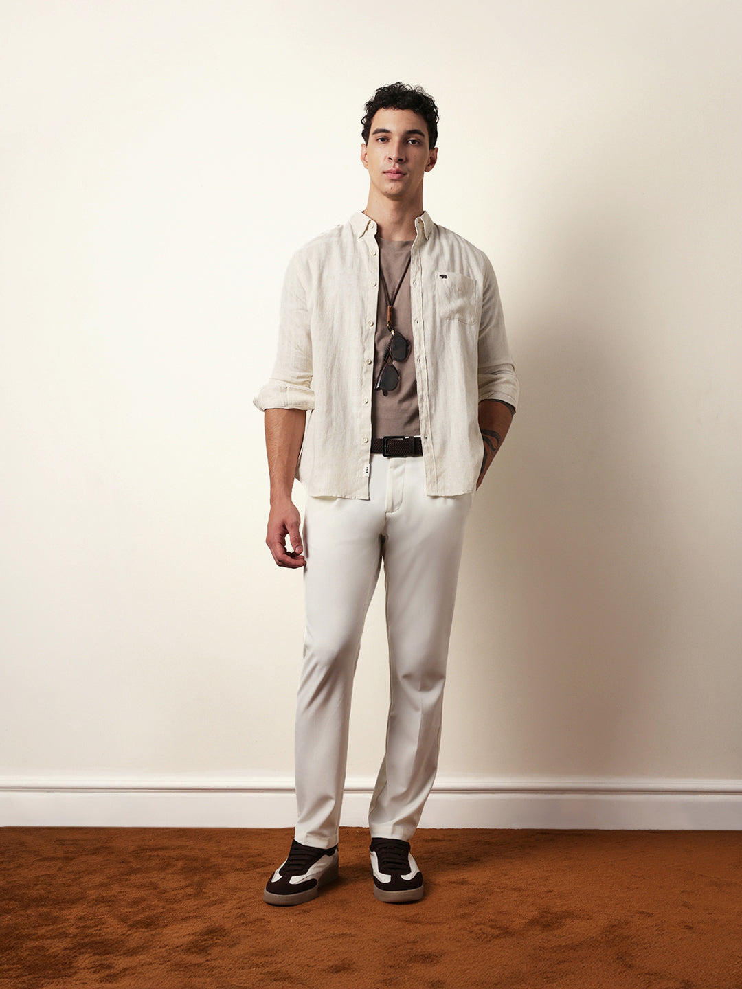 Cream Woven Checks Slim Fit Casual Shirt