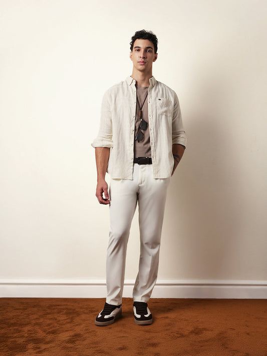 Cream Woven Checks Slim Fit Casual Shirt