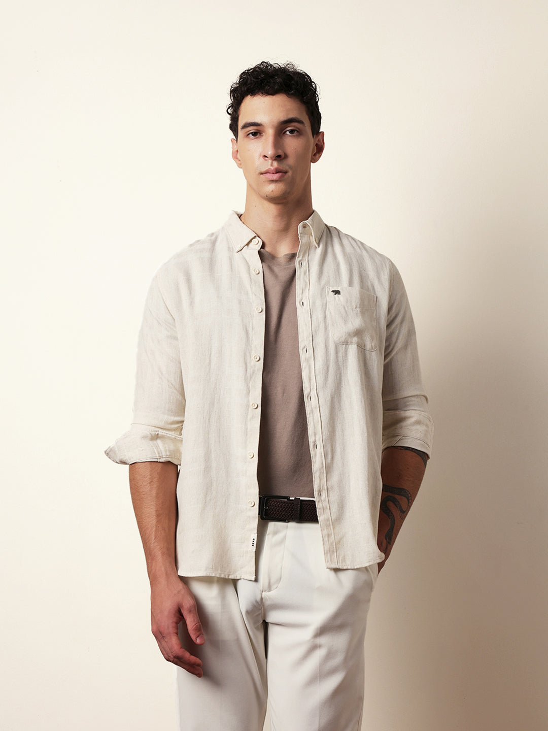 Cream Woven Checks Slim Fit Casual Shirt