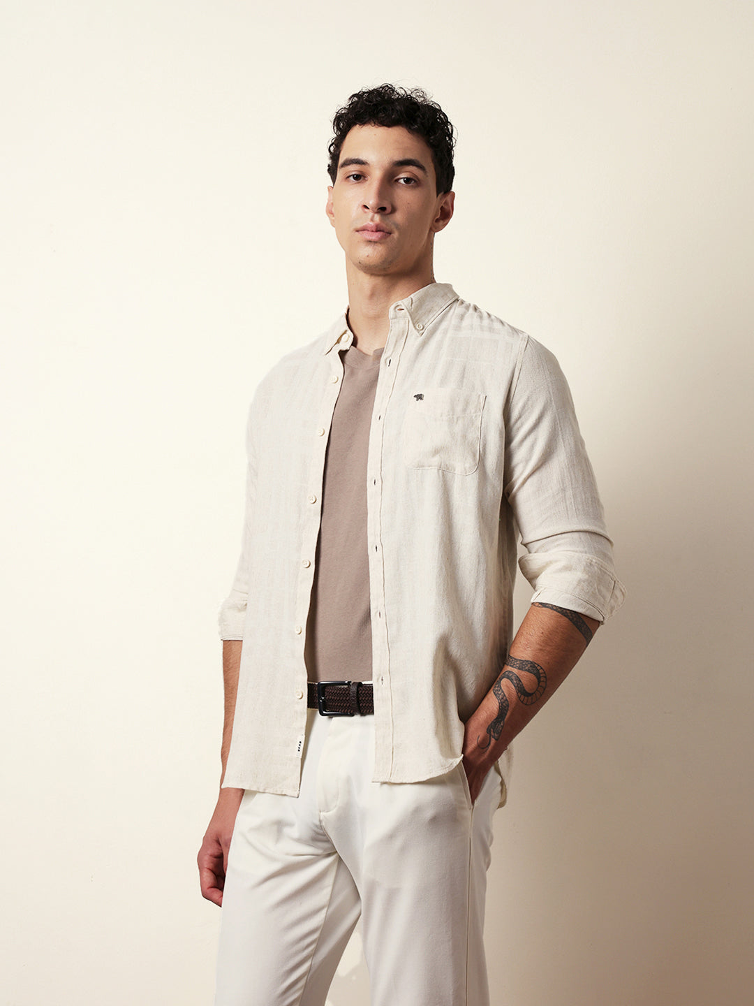 Cream Woven Checks Slim Fit Casual Shirt