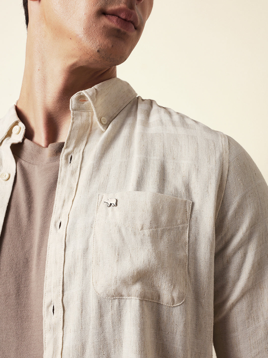 Cream Woven Checks Slim Fit Casual Shirt