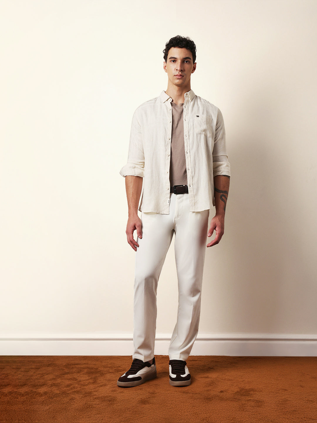 Cream Woven Checks Slim Fit Casual Shirt
