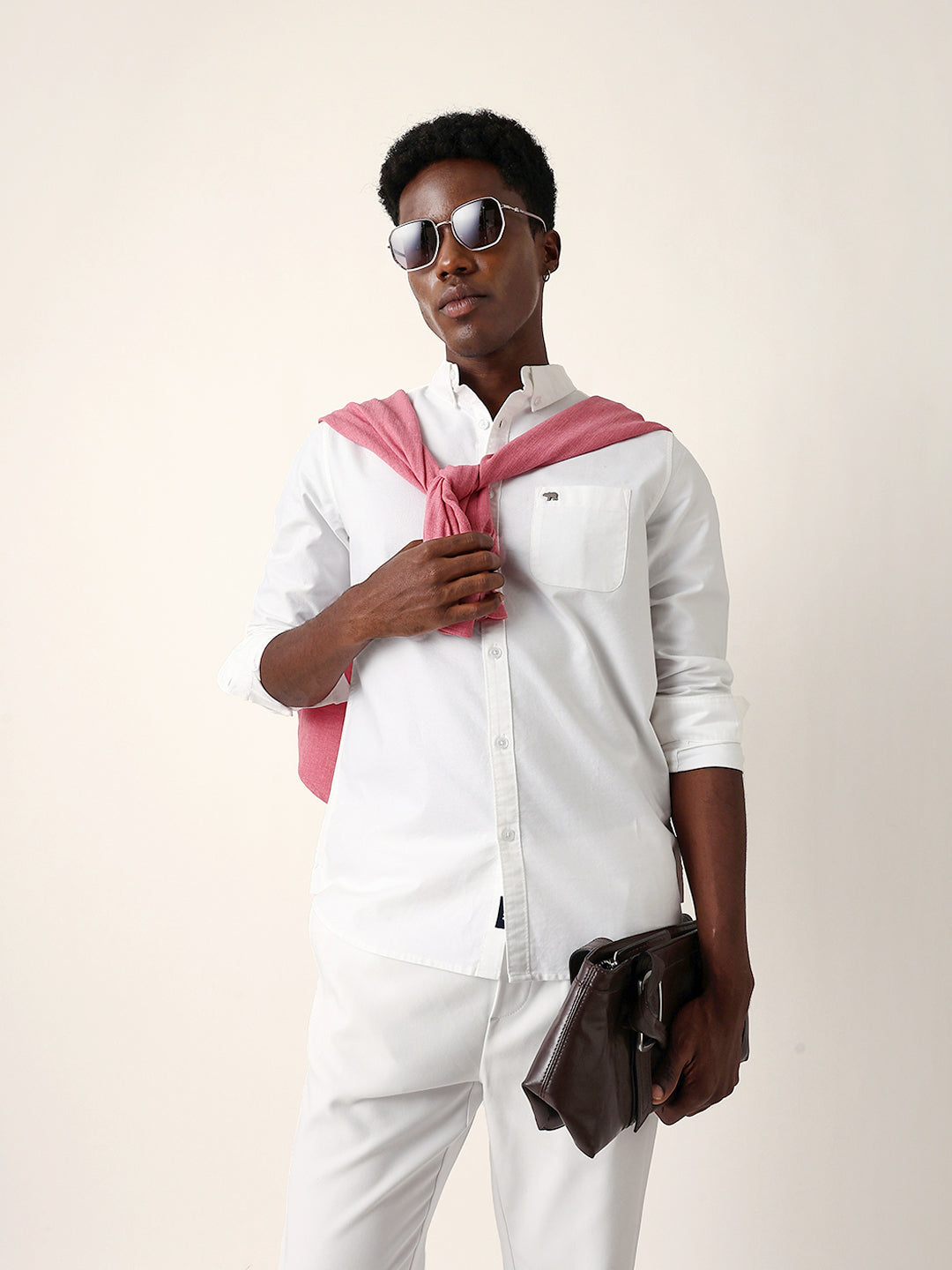 White Solid Slim-Fit Casual Shirt with Button-Down Collar