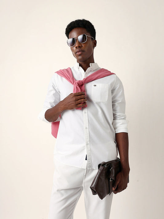 White Solid Slim-Fit Casual Shirt with Button-Down Collar