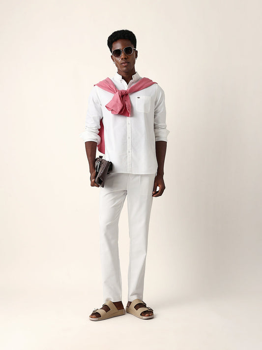 White Solid Slim-Fit Casual Shirt with Button-Down Collar