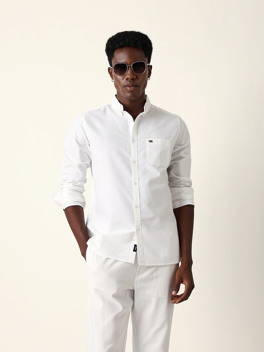 White Solid Slim-Fit Casual Shirt with Button-Down Collar