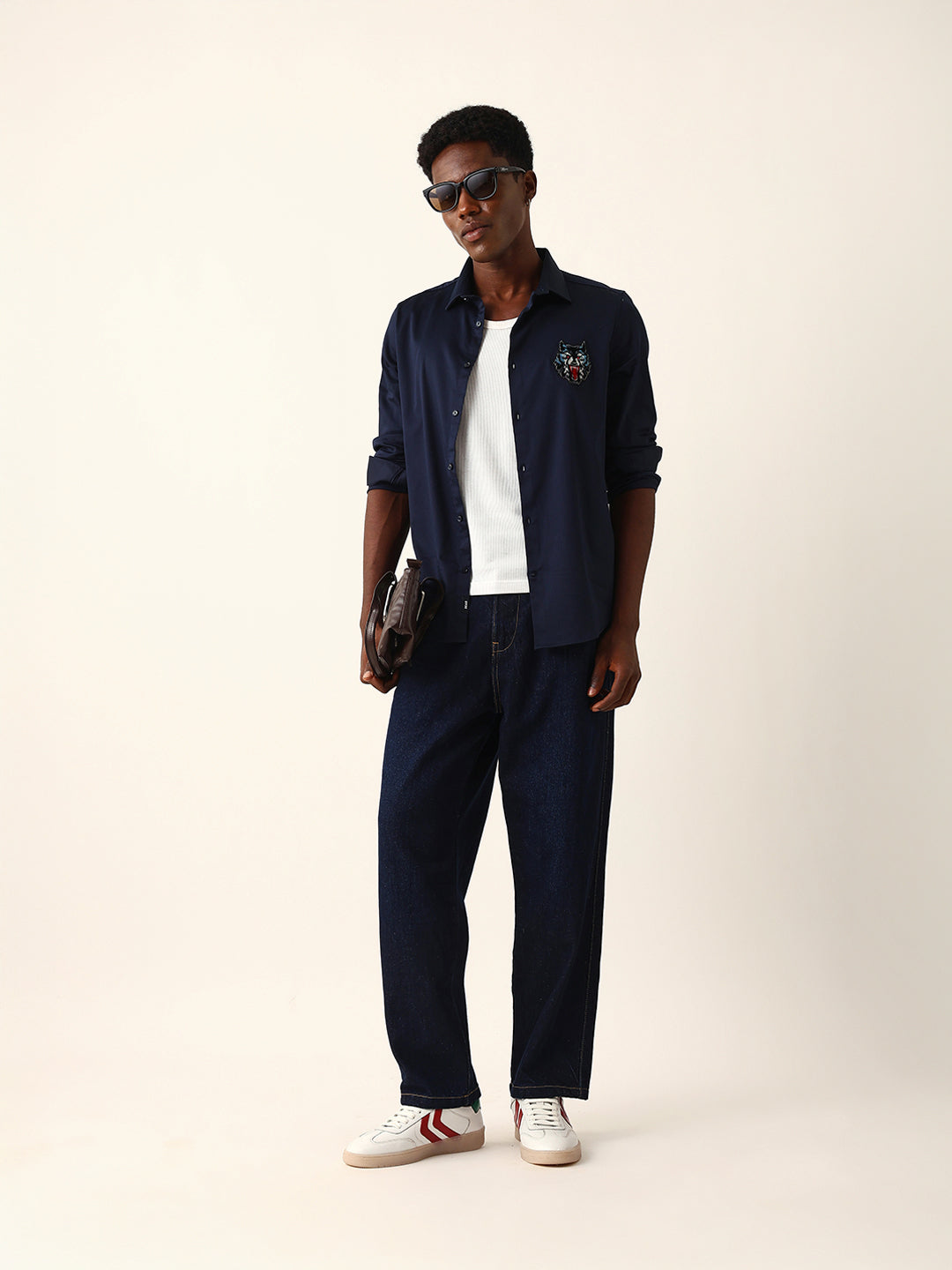 Navy Blue Tailored Fit Wolf Motif Embroidered Formal Party Wear Shirt