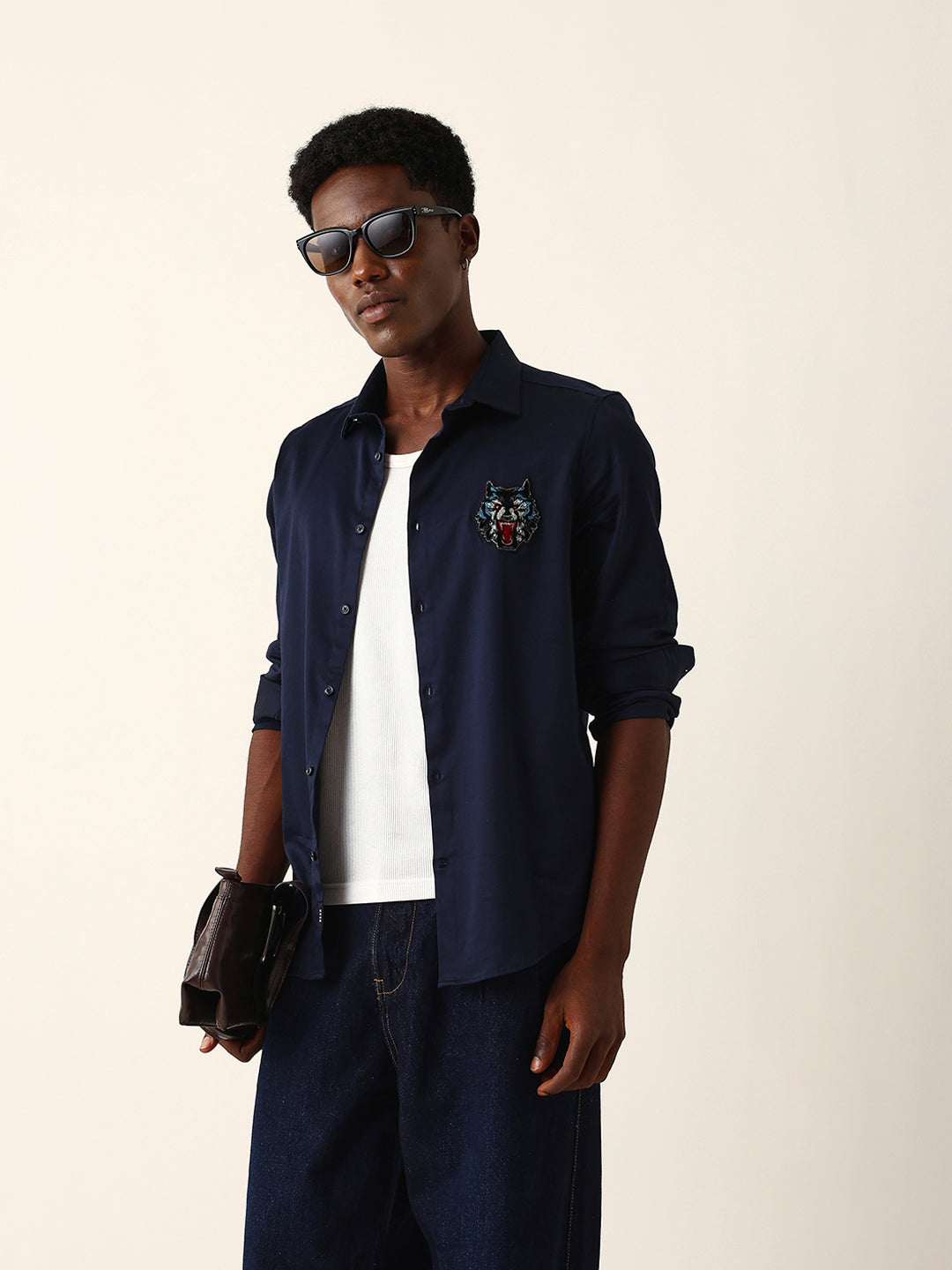 Navy Blue Tailored Fit Wolf Motif Embroidered Formal Party Wear Shirt