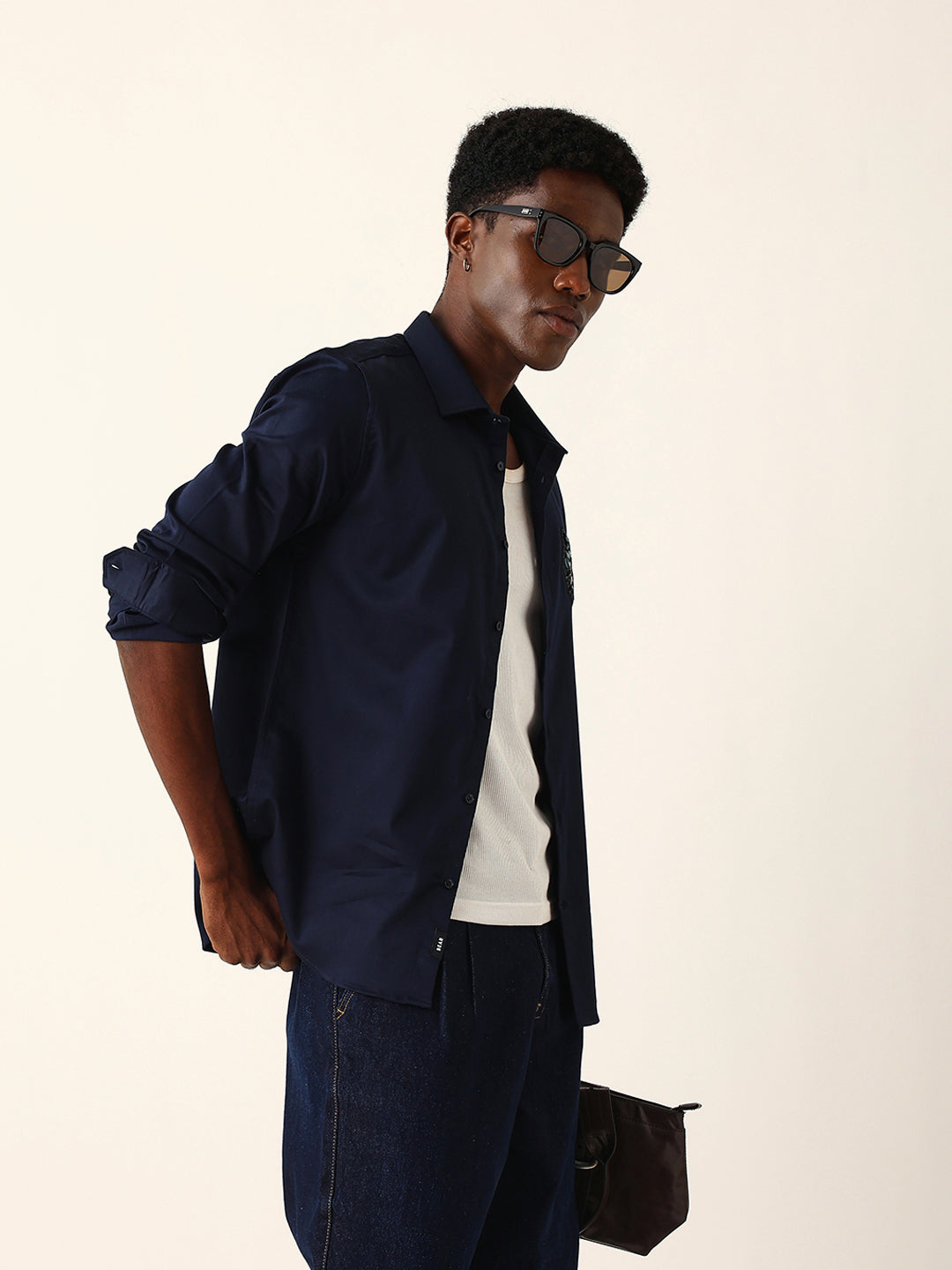 Navy Blue Tailored Fit Wolf Motif Embroidered Formal Party Wear Shirt