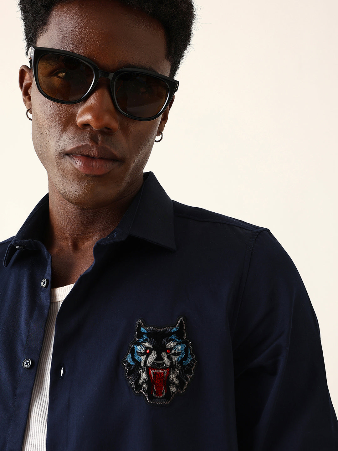 Navy Blue Tailored Fit Wolf Motif Embroidered Formal Party Wear Shirt