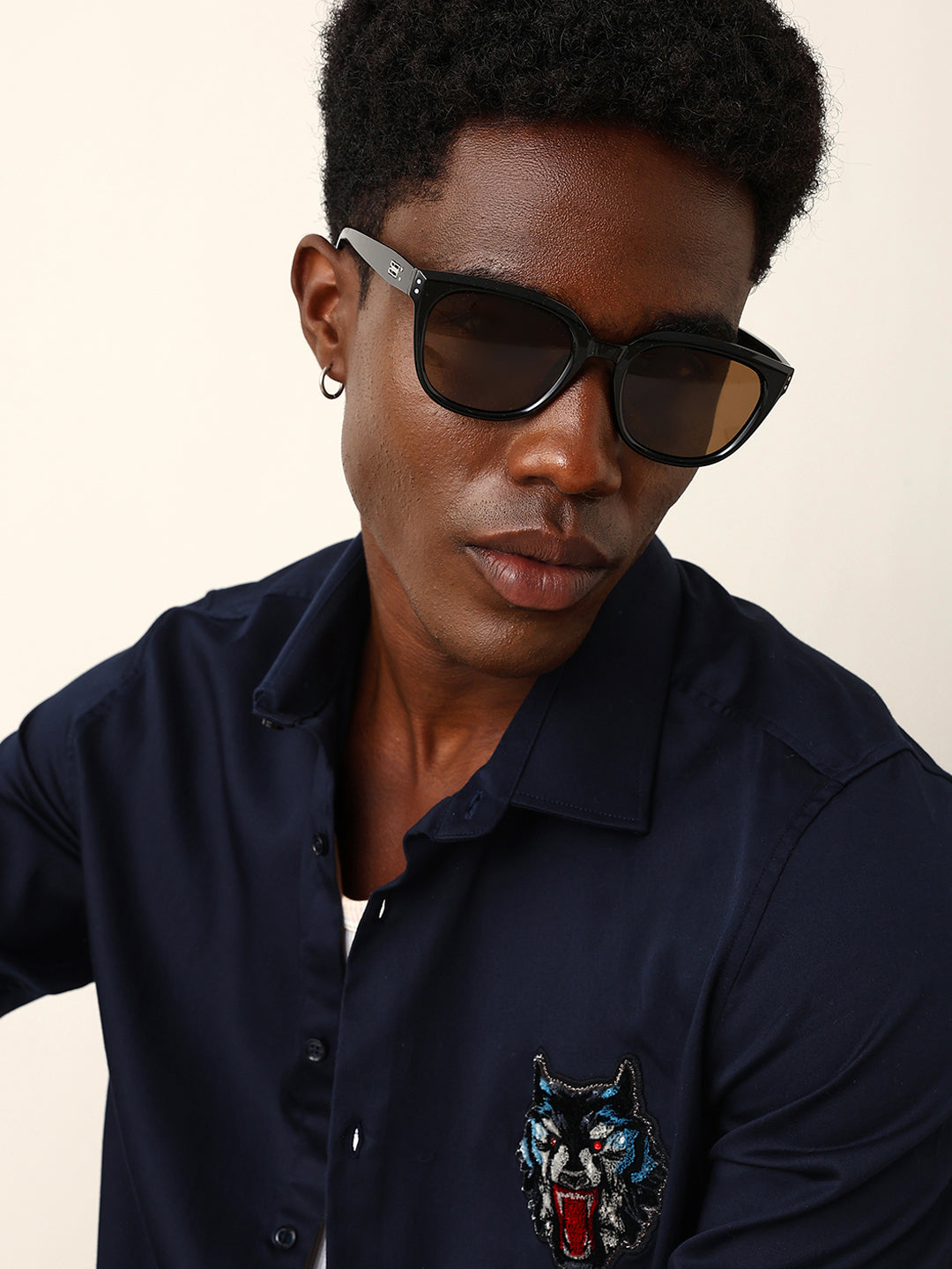 Navy Blue Tailored Fit Wolf Motif Embroidered Formal Party Wear Shirt