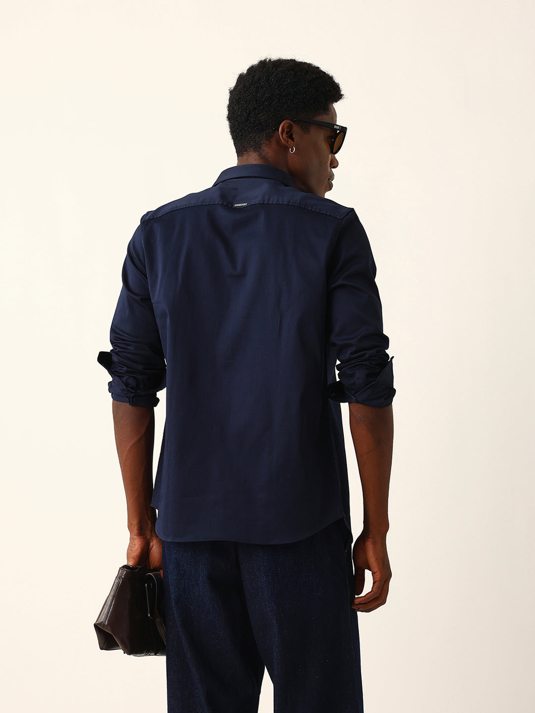 Navy Blue Tailored Fit Wolf Motif Embroidered Formal Party Wear Shirt