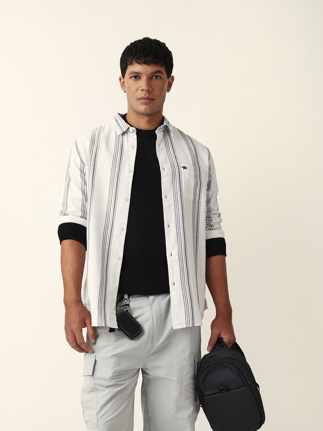 White Vertical Woven Stripe Slim Fit Casual Shirt