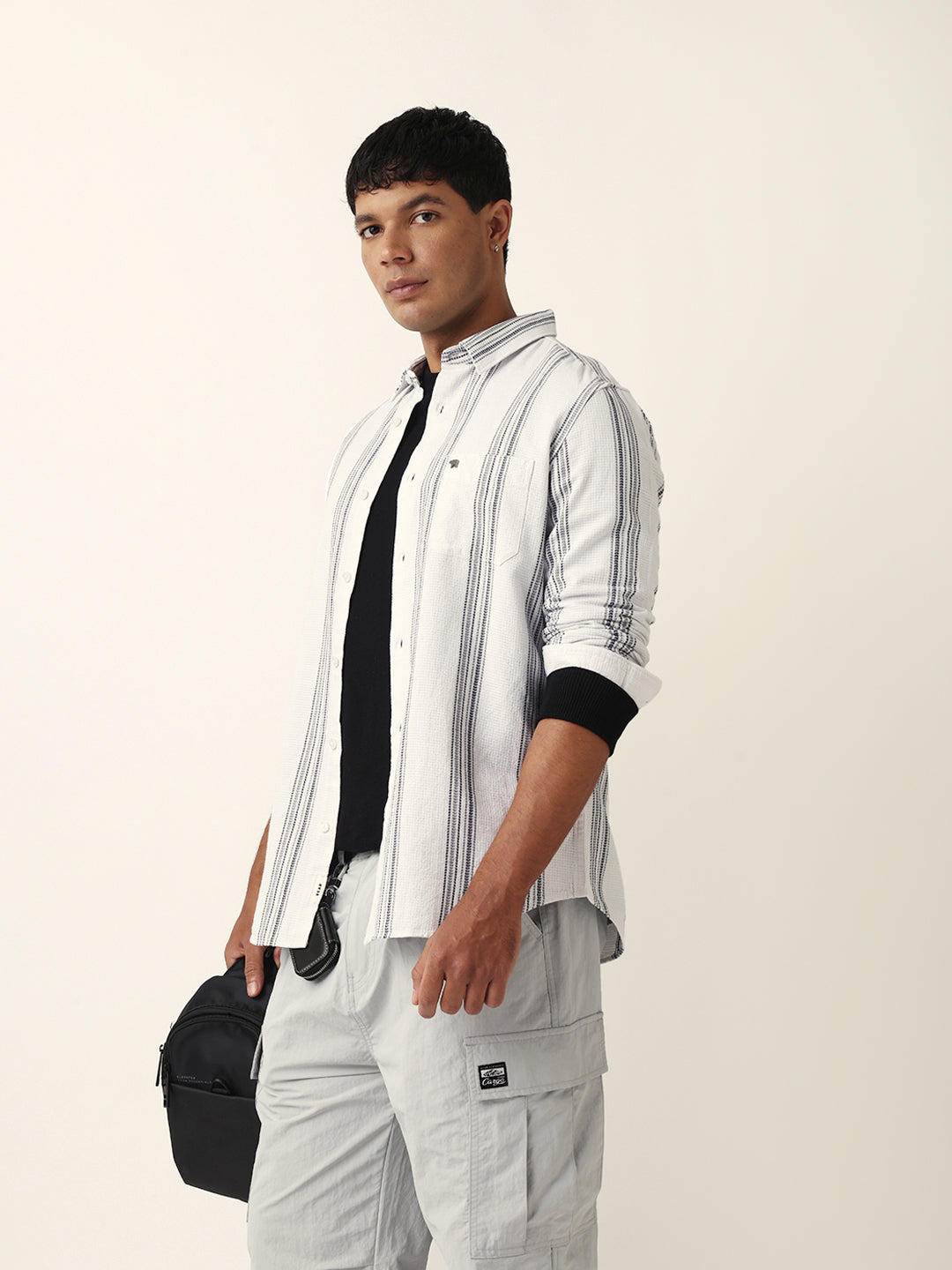 White Vertical Woven Stripe Slim Fit Casual Shirt