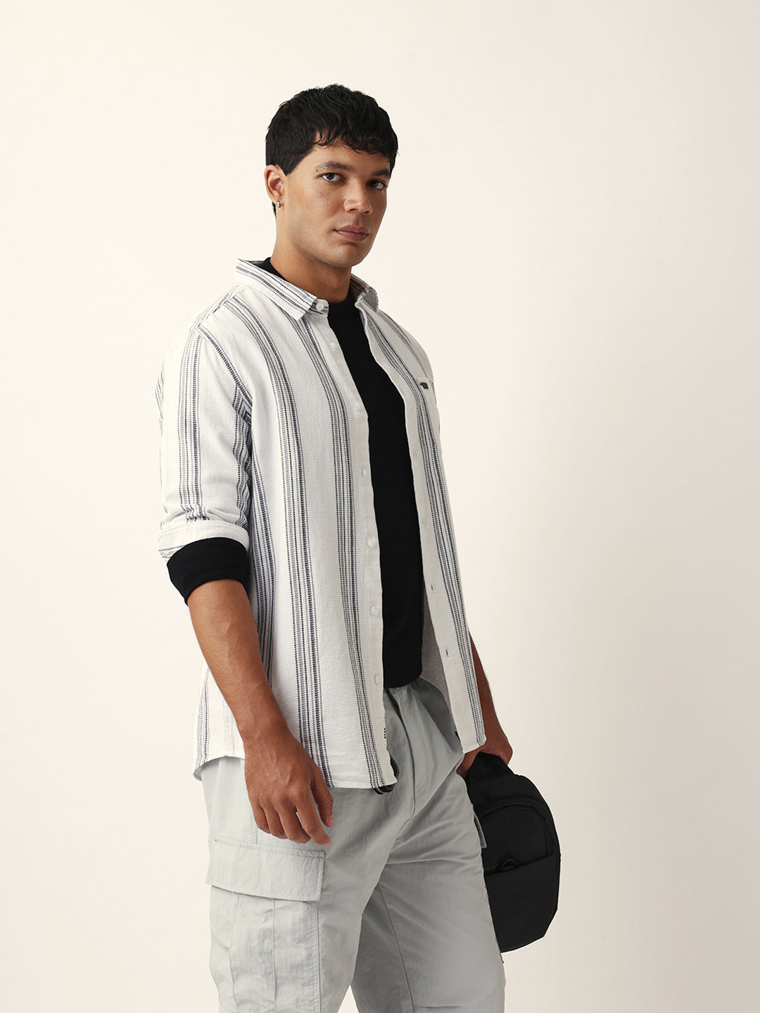 White Vertical Woven Stripe Slim Fit Casual Shirt