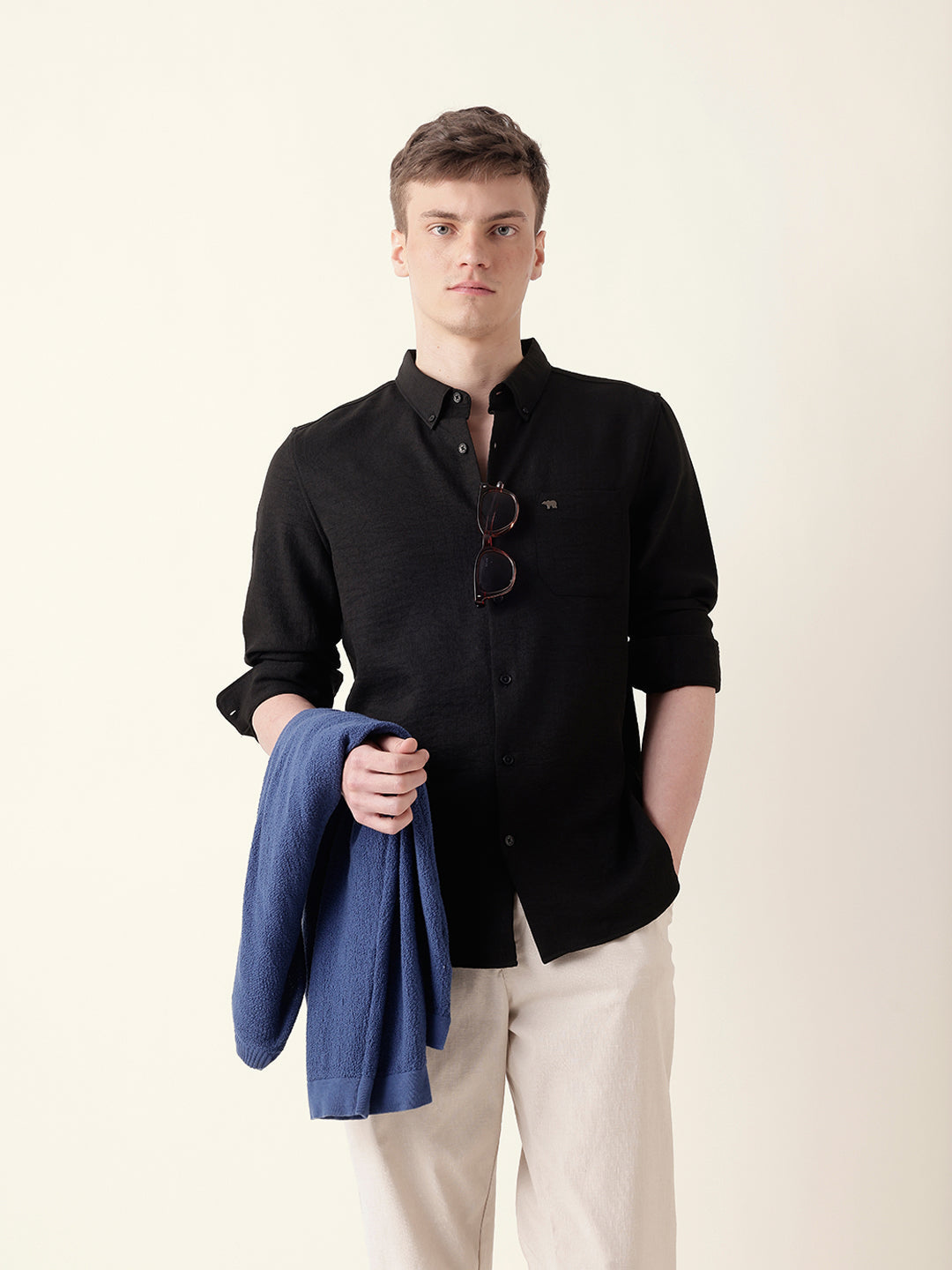 Black Slim Fit Casual Shirt with Woven Textured Design