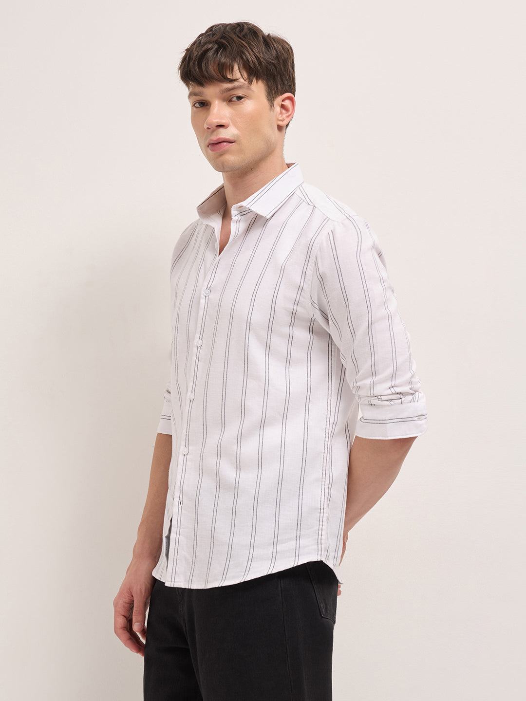 White Vertical Woven Stripe Slim Fit Casual Shirt