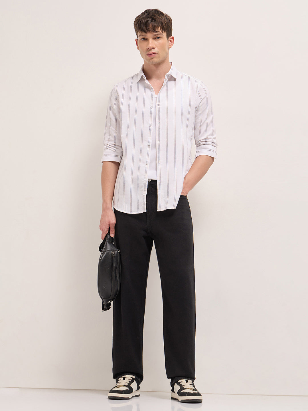 White Vertical Woven Stripe Slim Fit Casual Shirt