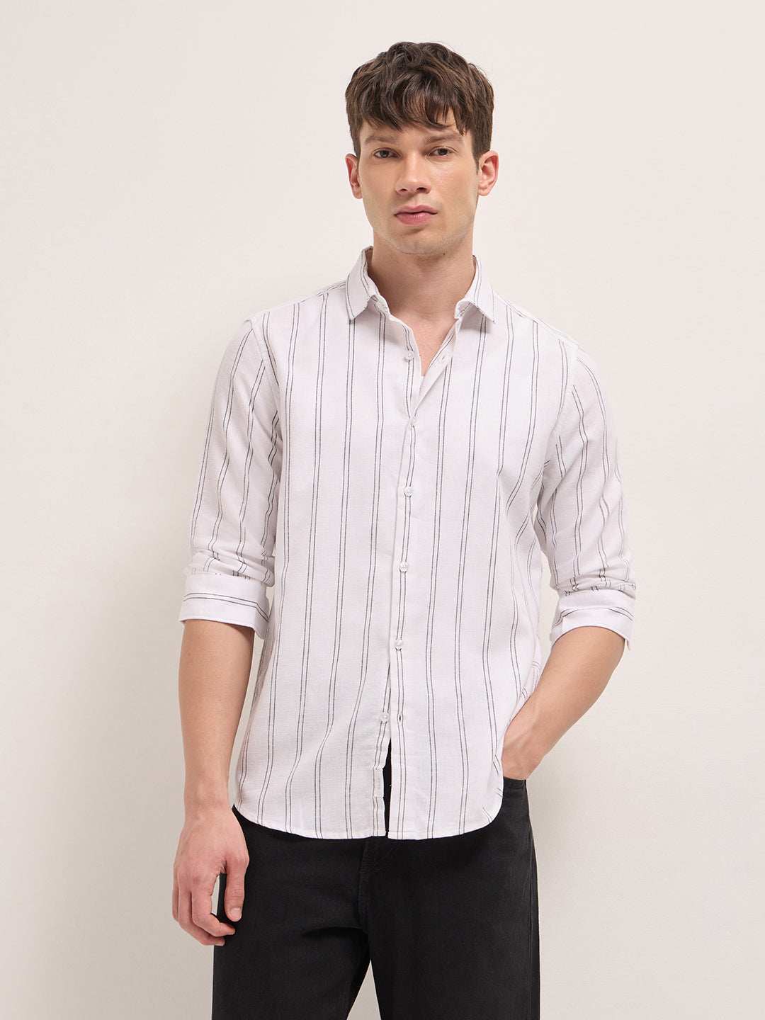 White Vertical Woven Stripe Slim Fit Casual Shirt