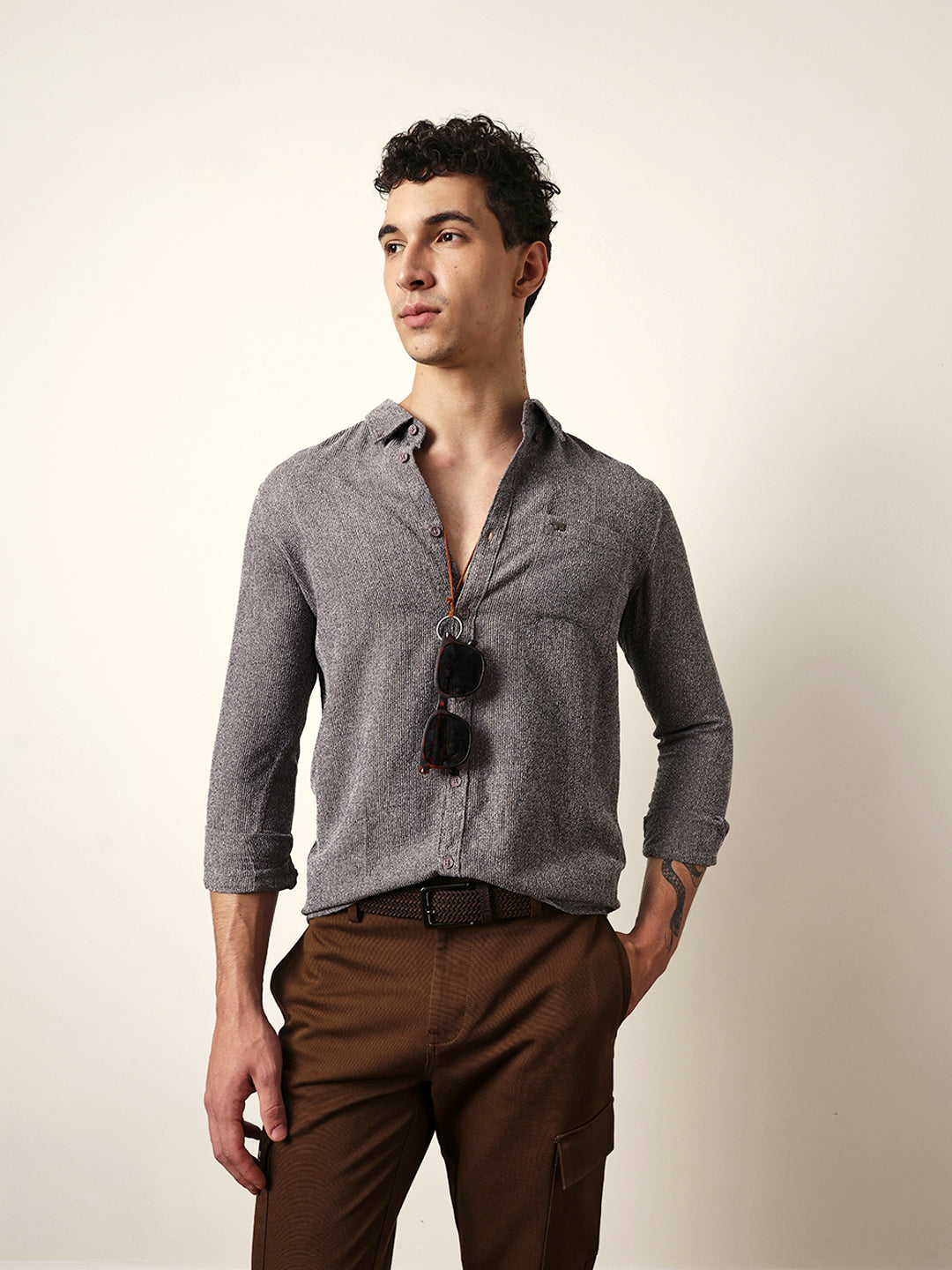Grey Textured Woven Striped Slim Fit Casual Shirt