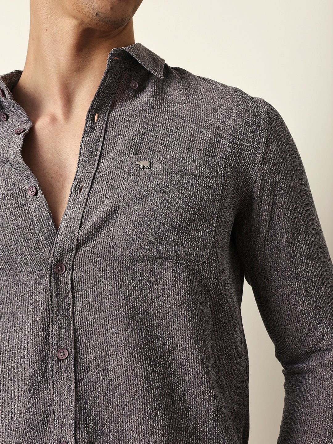 Grey Textured Woven Striped Slim Fit Casual Shirt