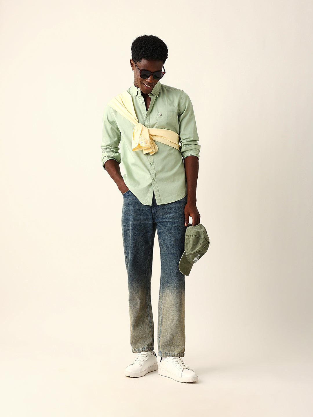 Light Green Solid Slim-Fit Casual Shirt with Button-Down Collar