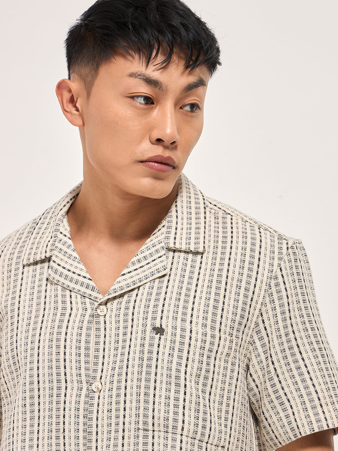 Cream Textured Striped Regular Fit Casual Shirt with a Cuban Collar