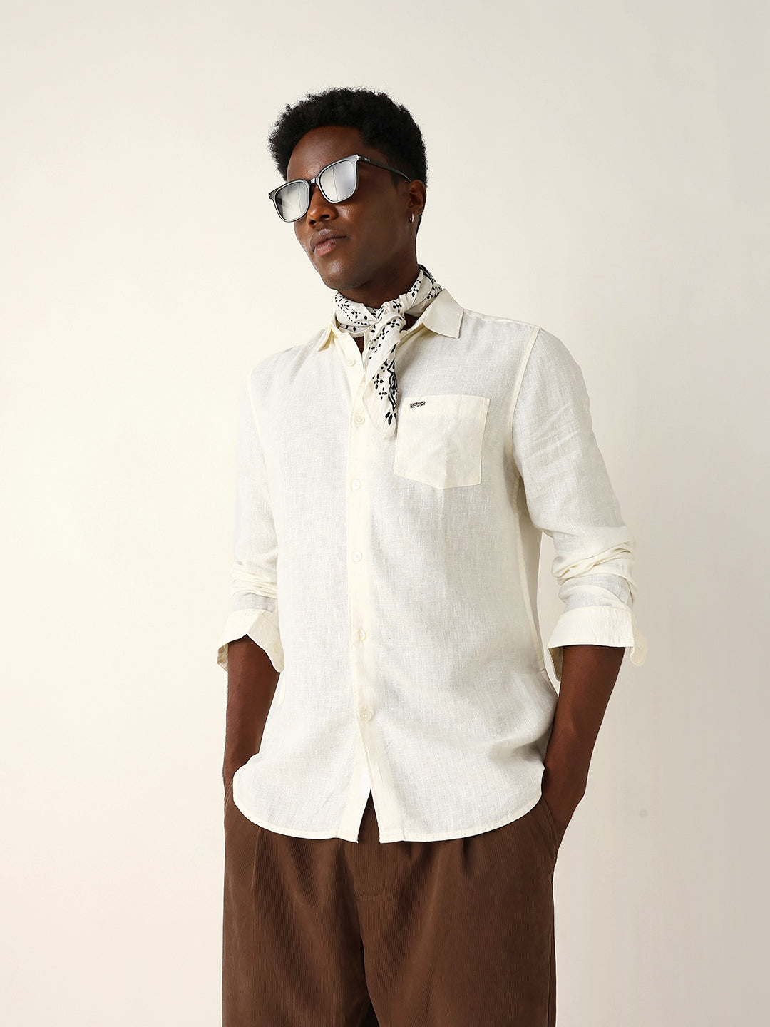Off White Solid Lyocell Slim Fit Casual Shirt