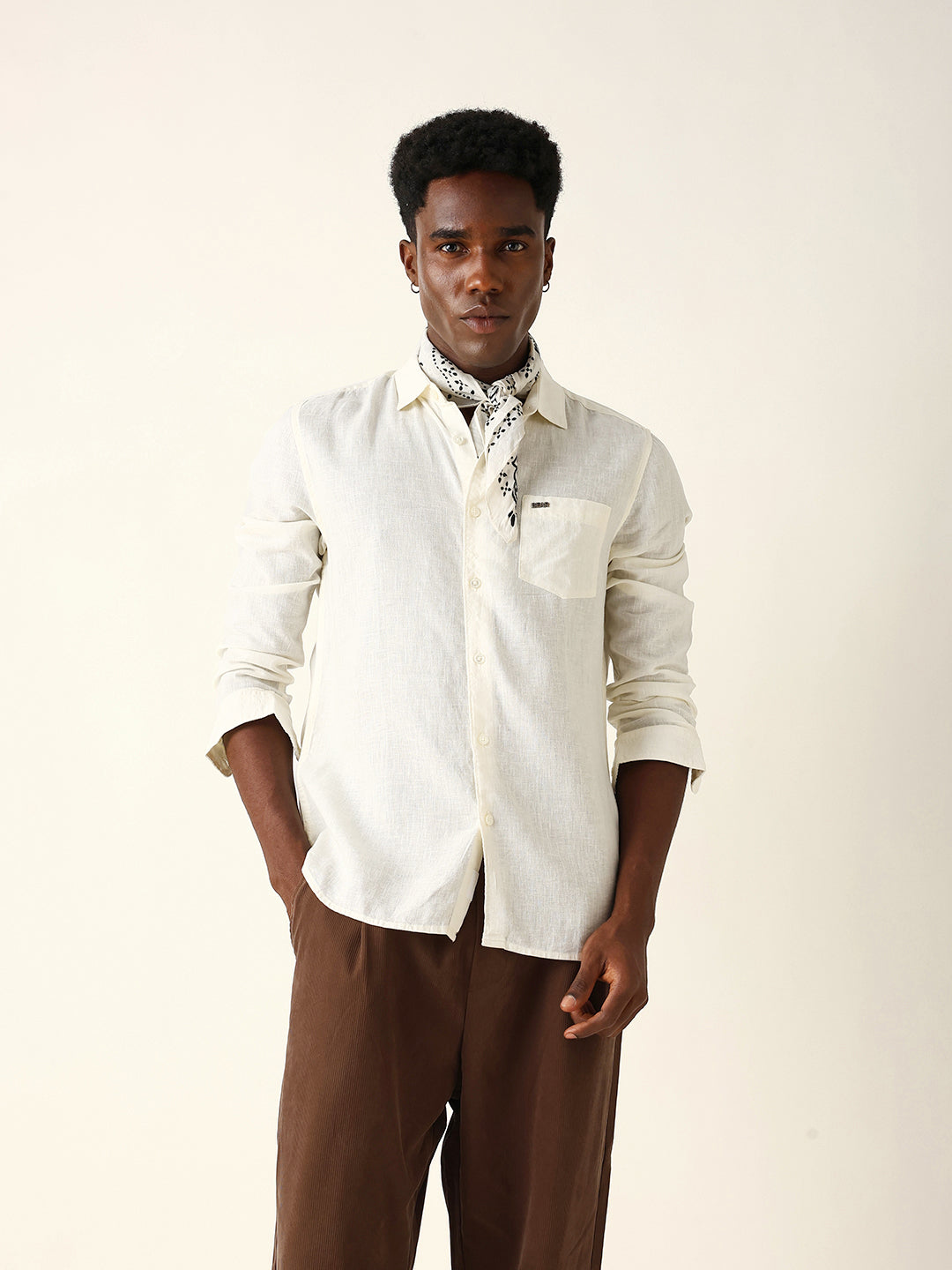 Off White Solid Lyocell Slim Fit Casual Shirt