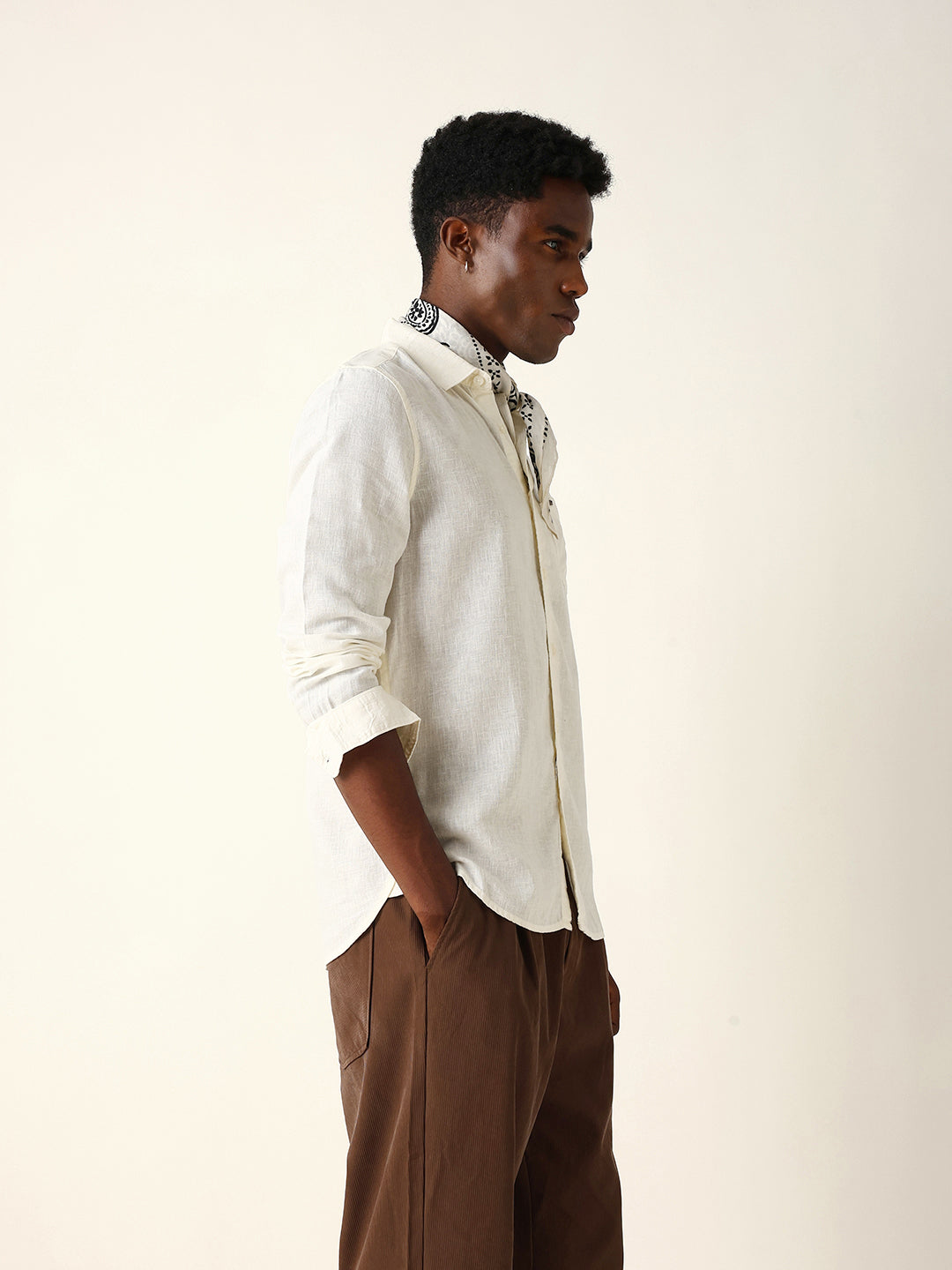 Off White Solid Lyocell Slim Fit Casual Shirt