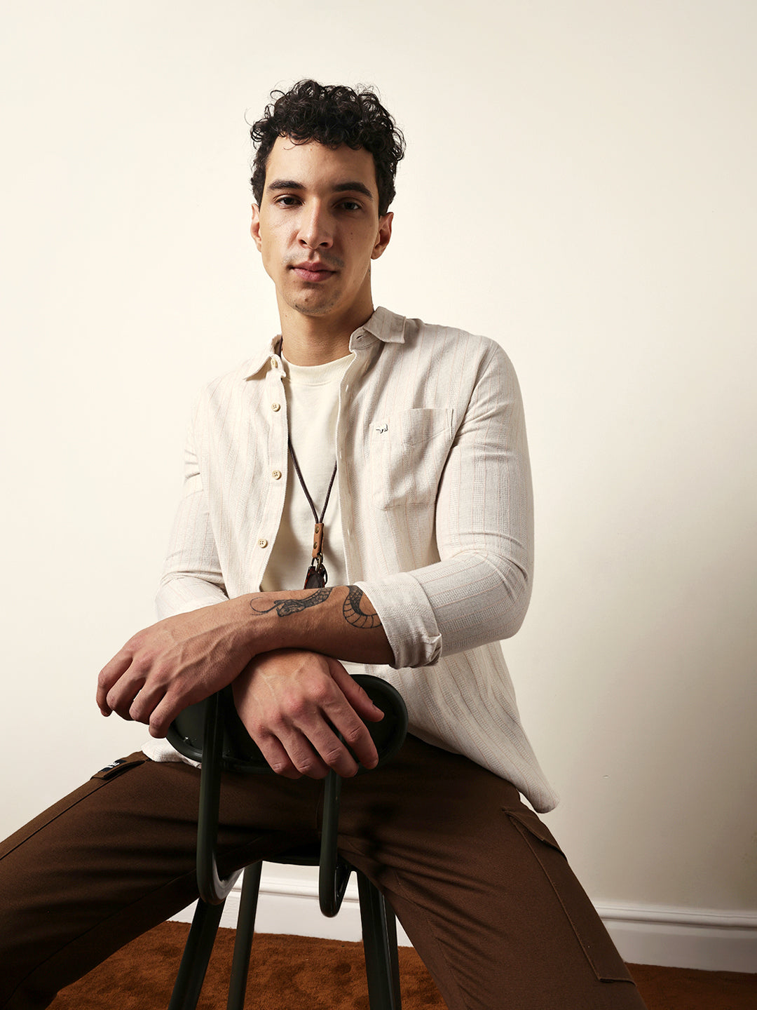 Cream Vertical Woven Stripe Slim Fit Casual Shirt