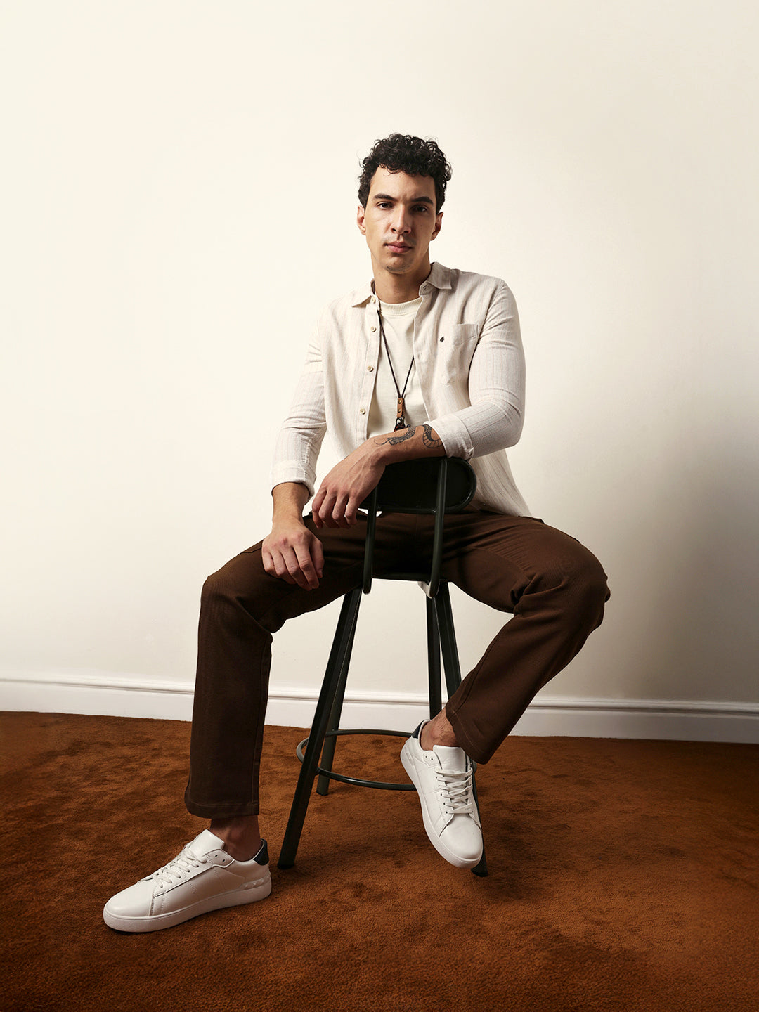 Cream Vertical Woven Stripe Slim Fit Casual Shirt