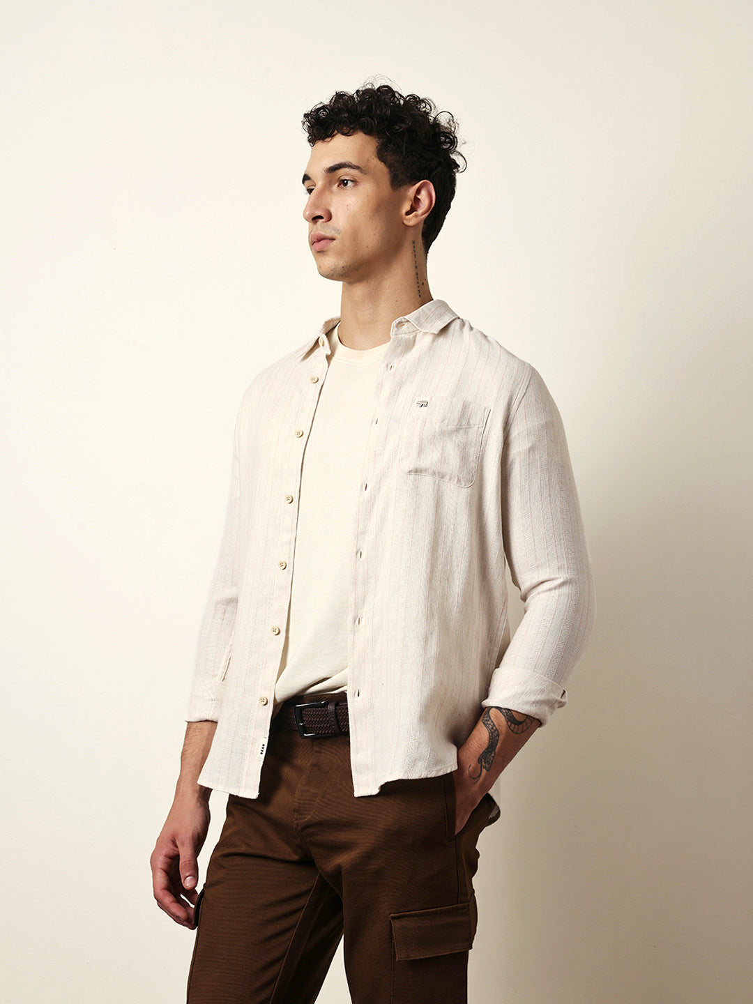 Cream Vertical Woven Stripe Slim Fit Casual Shirt