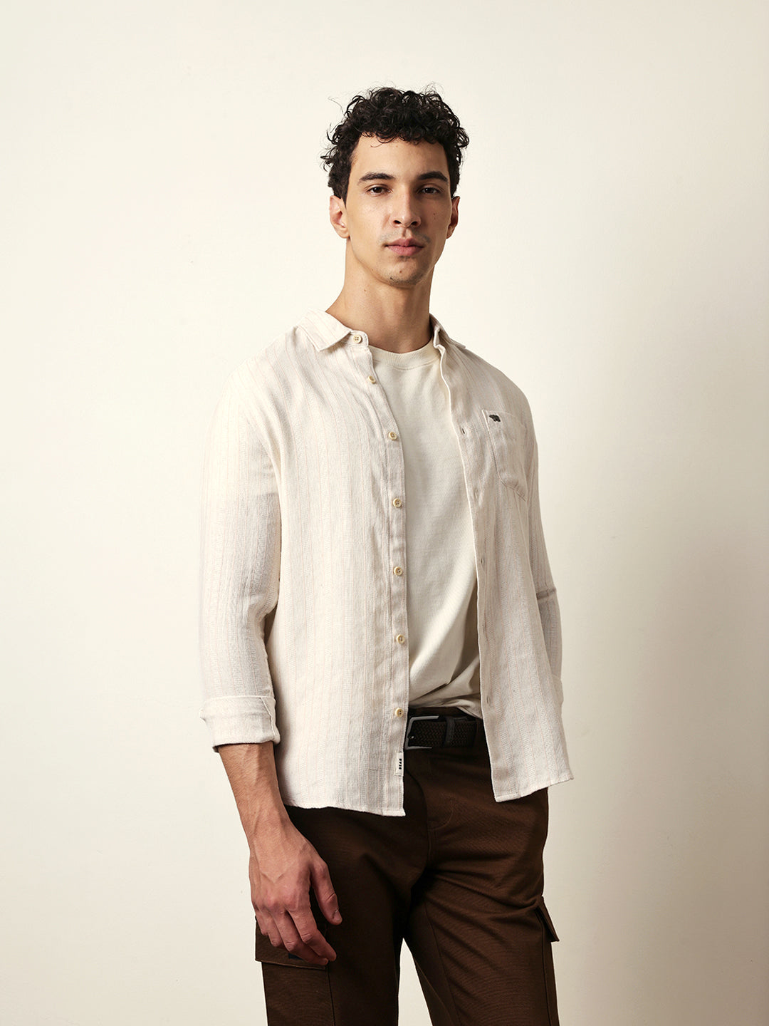 Cream Vertical Woven Stripe Slim Fit Casual Shirt