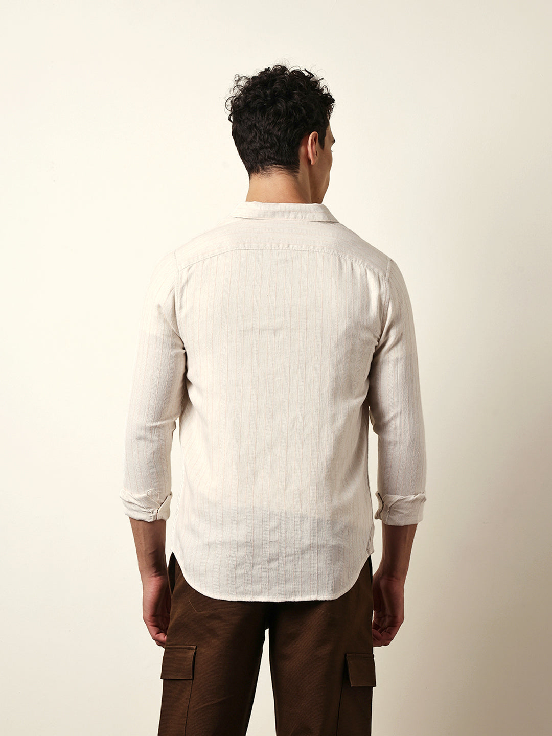 Cream Vertical Woven Stripe Slim Fit Casual Shirt