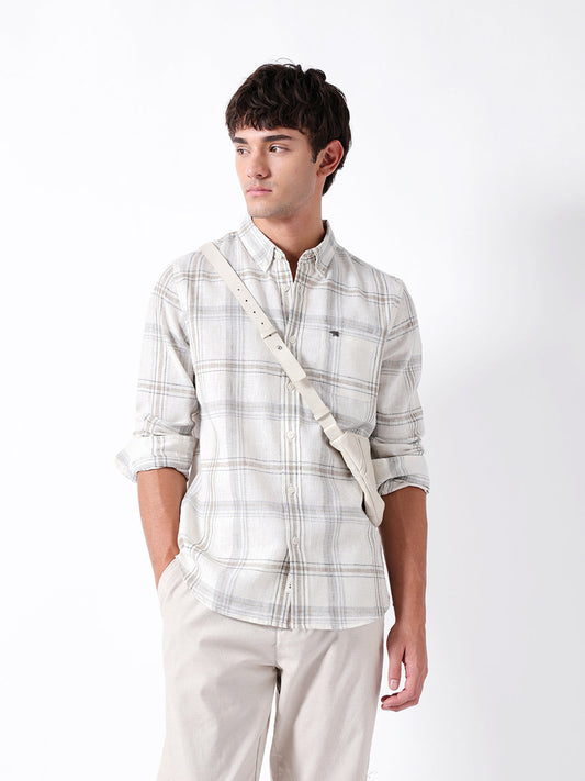 Cream Checked Woven Slim Fit Casual Shirt
