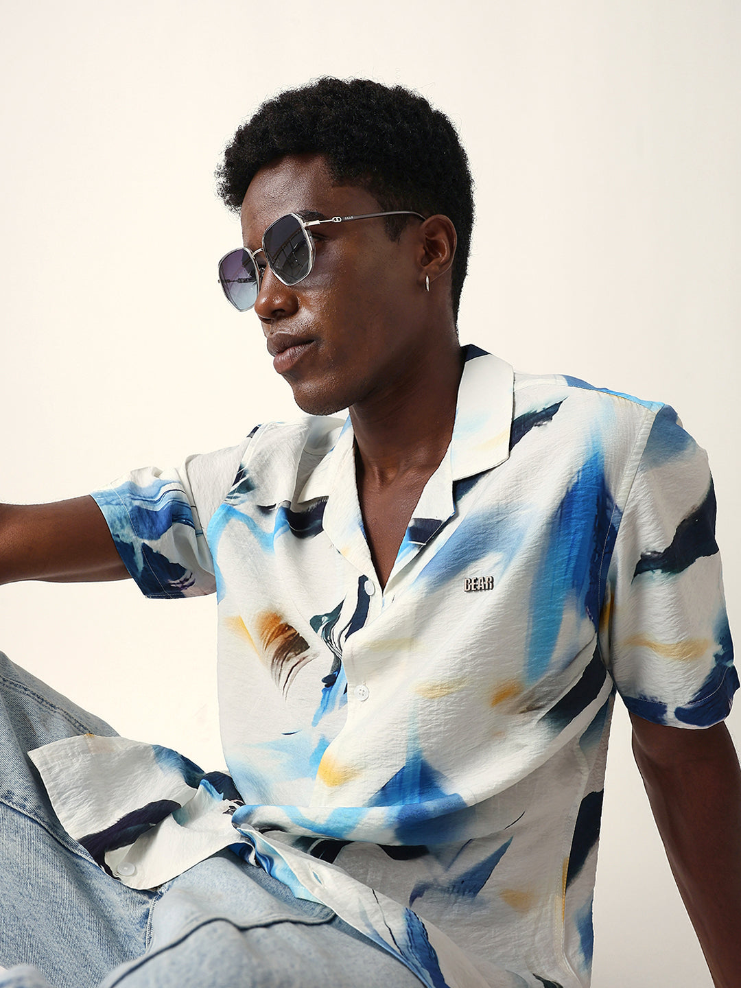 White & Blue Abstract Watercolor Printed Relaxed Fit Short Sleeve Shirt