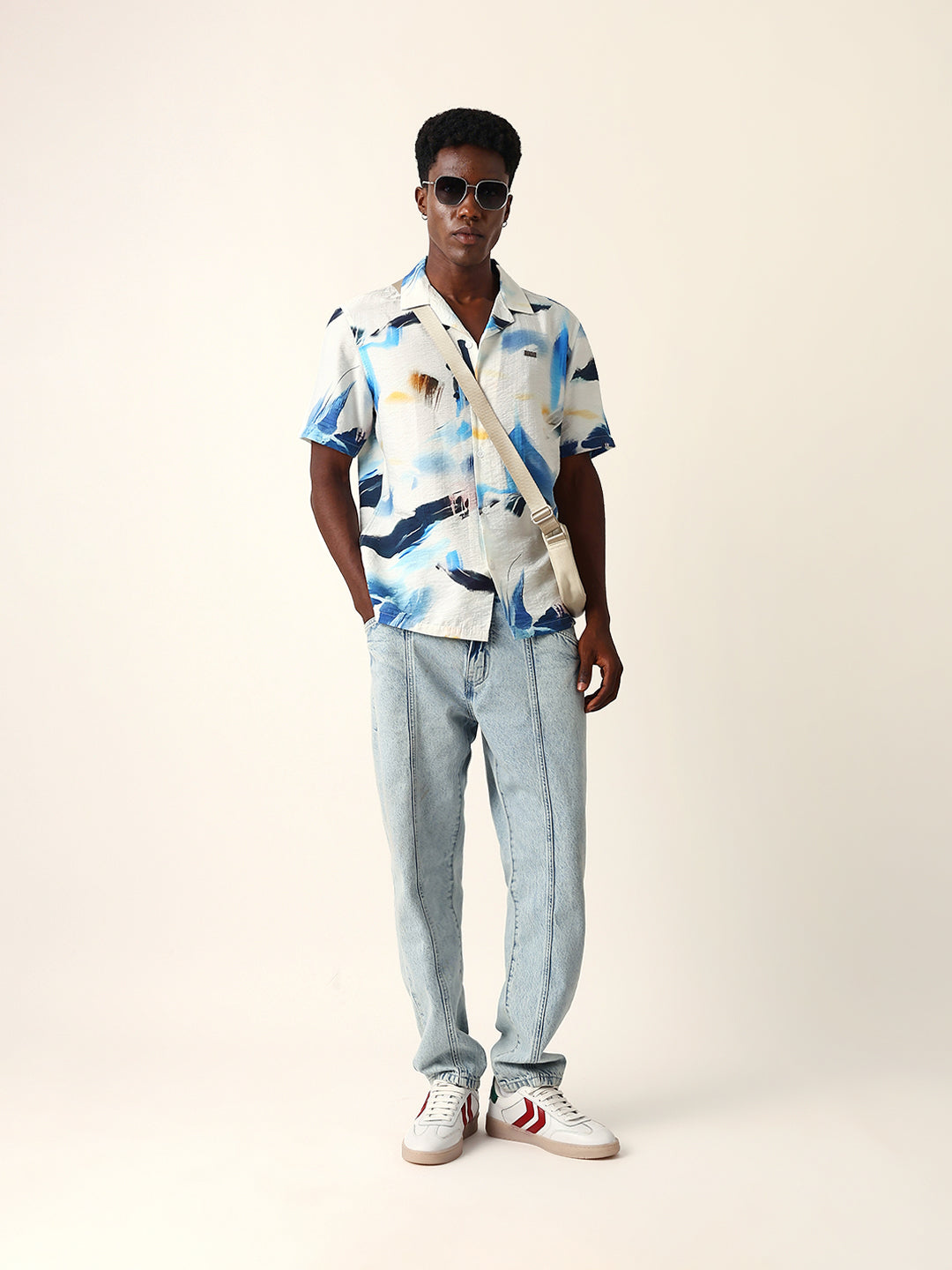 White & Blue Abstract Watercolor Printed Relaxed Fit Short Sleeve Shirt
