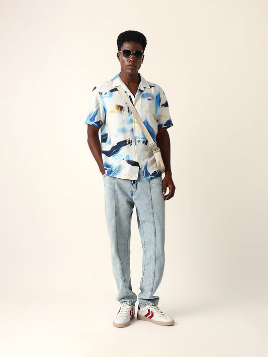 White & Blue Abstract Watercolor Printed Relaxed Fit Short Sleeve Shirt