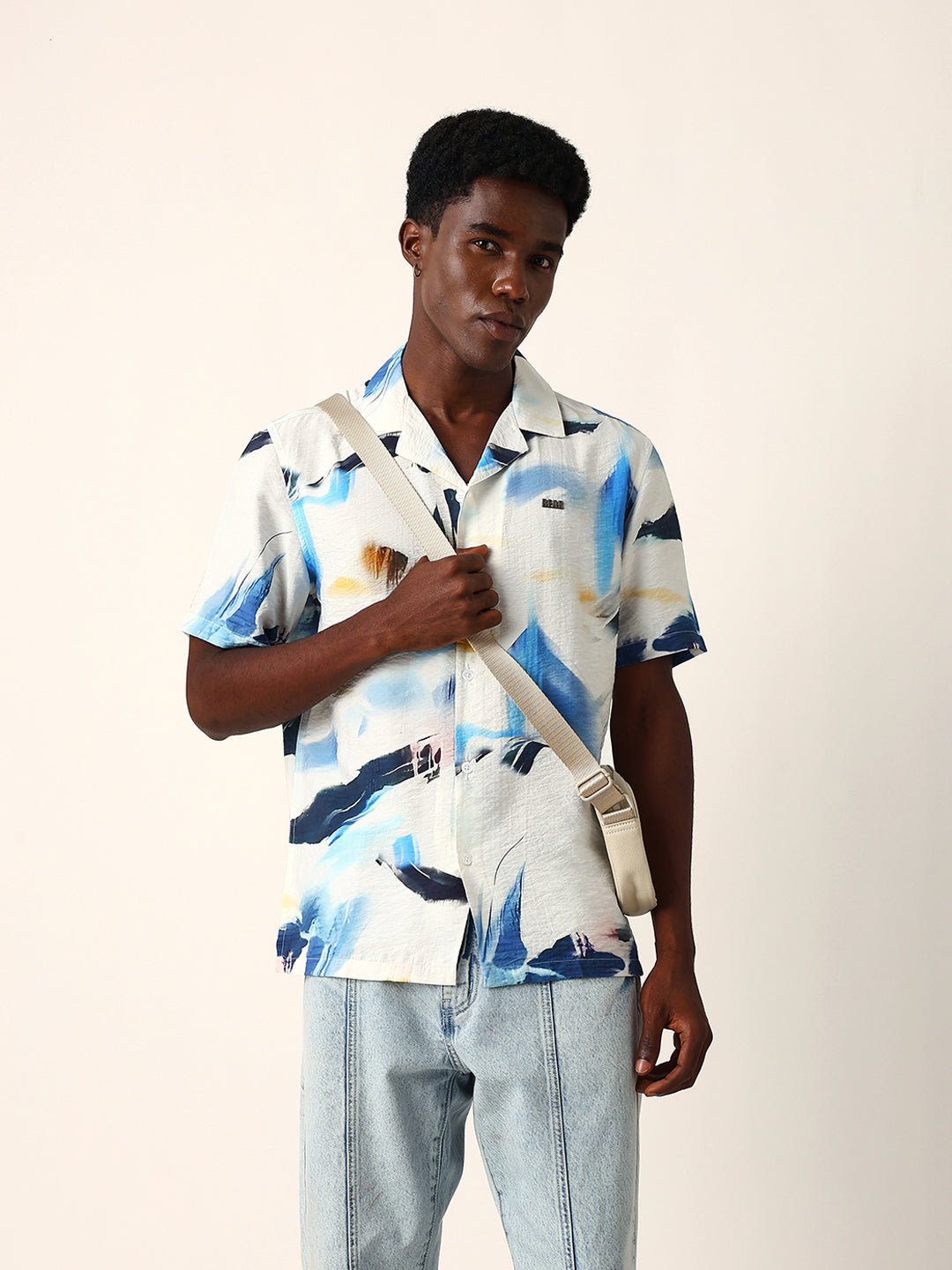 White & Blue Abstract Watercolor Printed Relaxed Fit Short Sleeve Shirt