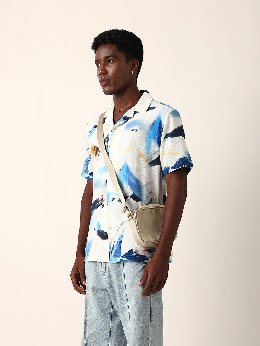 White & Blue Abstract Watercolor Printed Relaxed Fit Short Sleeve Shirt