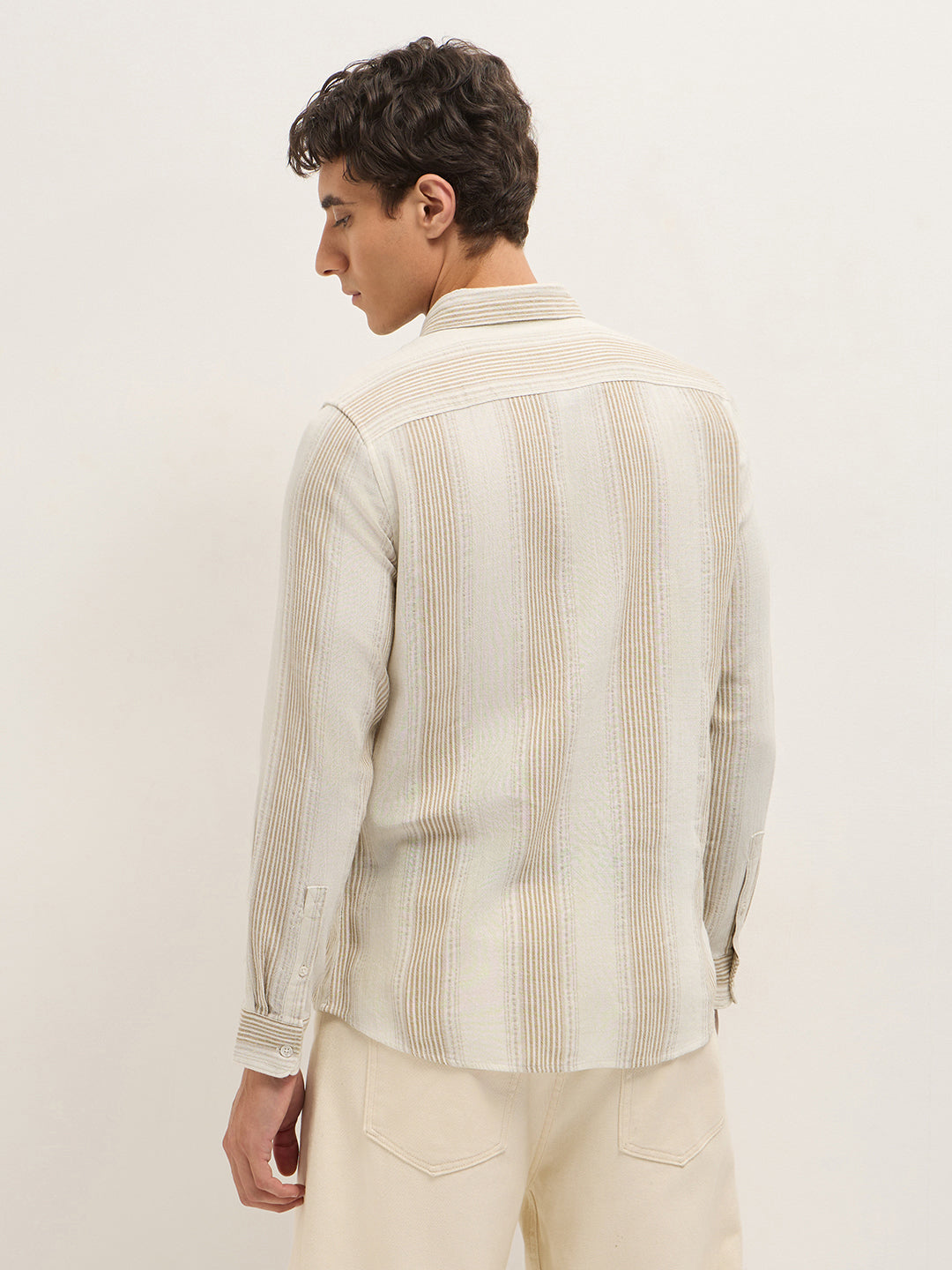 Cream Woven Vertical Stripes Slim Fit Casual Shirt