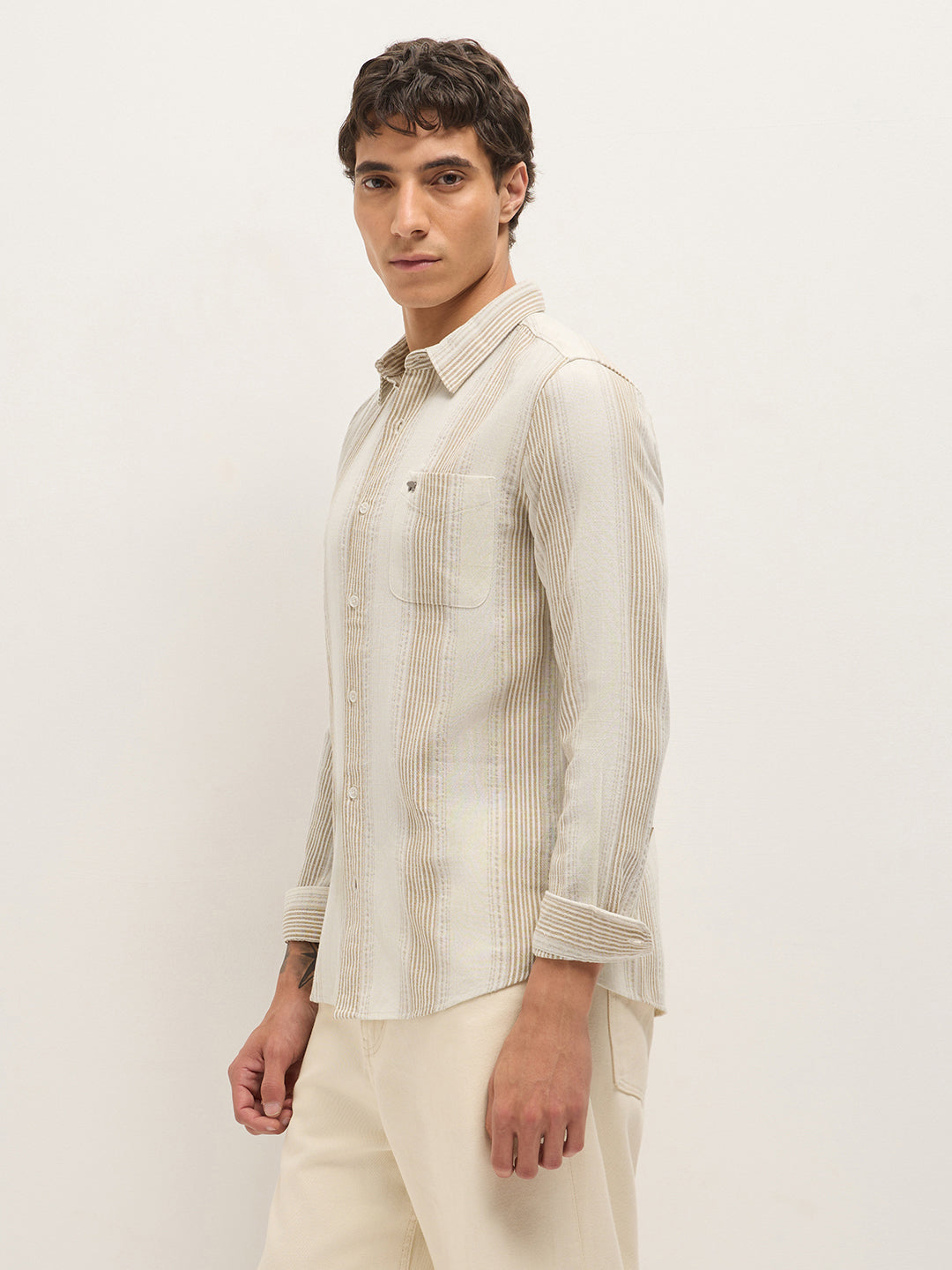 Cream Woven Vertical Stripes Slim Fit Casual Shirt