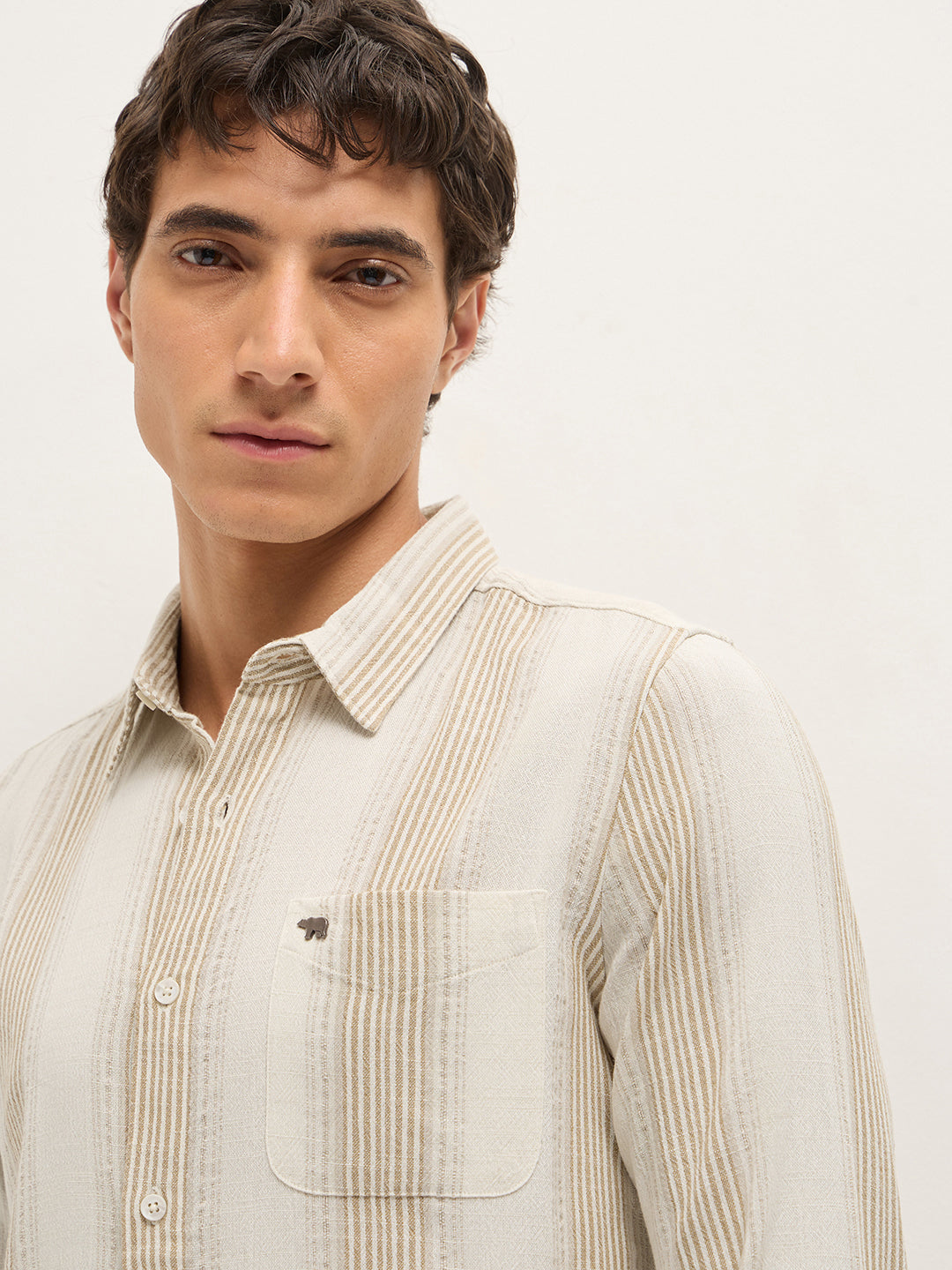 Cream Woven Vertical Stripes Slim Fit Casual Shirt
